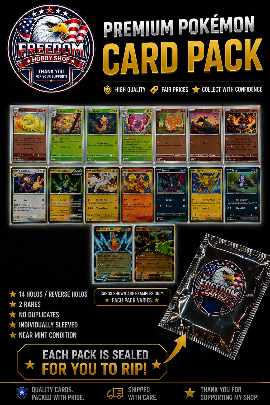 Pokemon 16 Card Lot | 2 Premium Cards + 14 Holo/Reverse Holos | No Duplicates