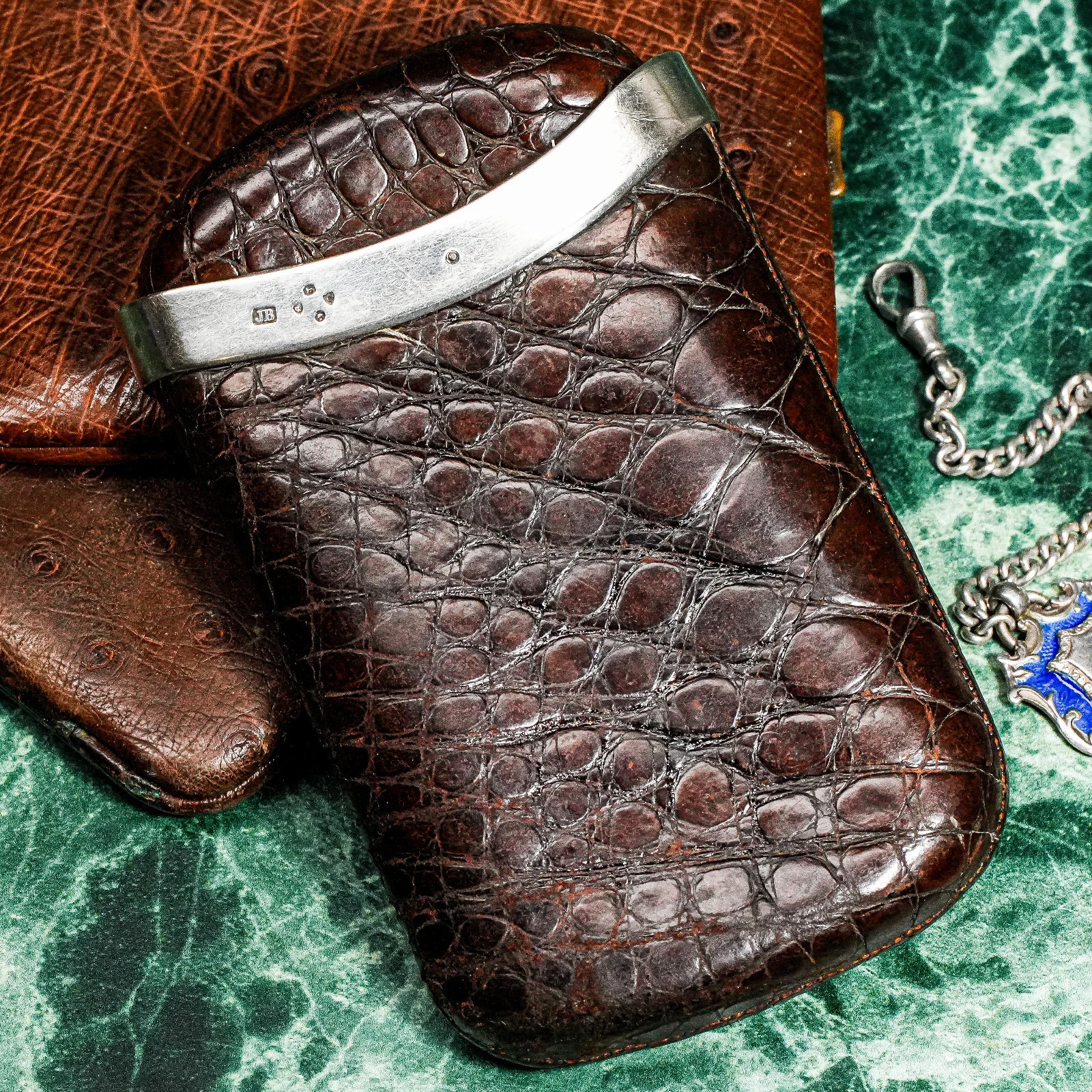 Refined English Antique Alligator Leather Sterling Silver Luxury Cigar Case