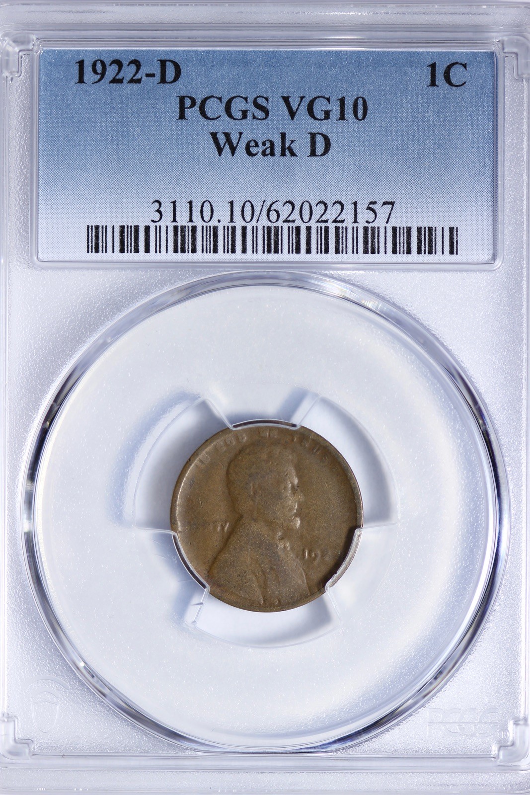 1922-D Weak D Lincoln Wheat Cent Penny PCGS VG10 KAFM