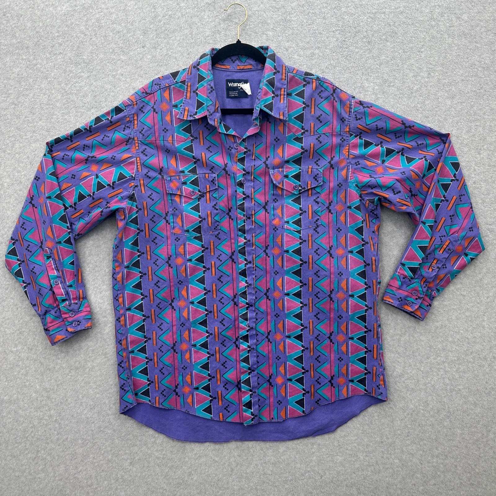 Vintage 80s Wrangler Shirt Brushpopper Mens Western Aztec Navajo Cowboy 17.5-35