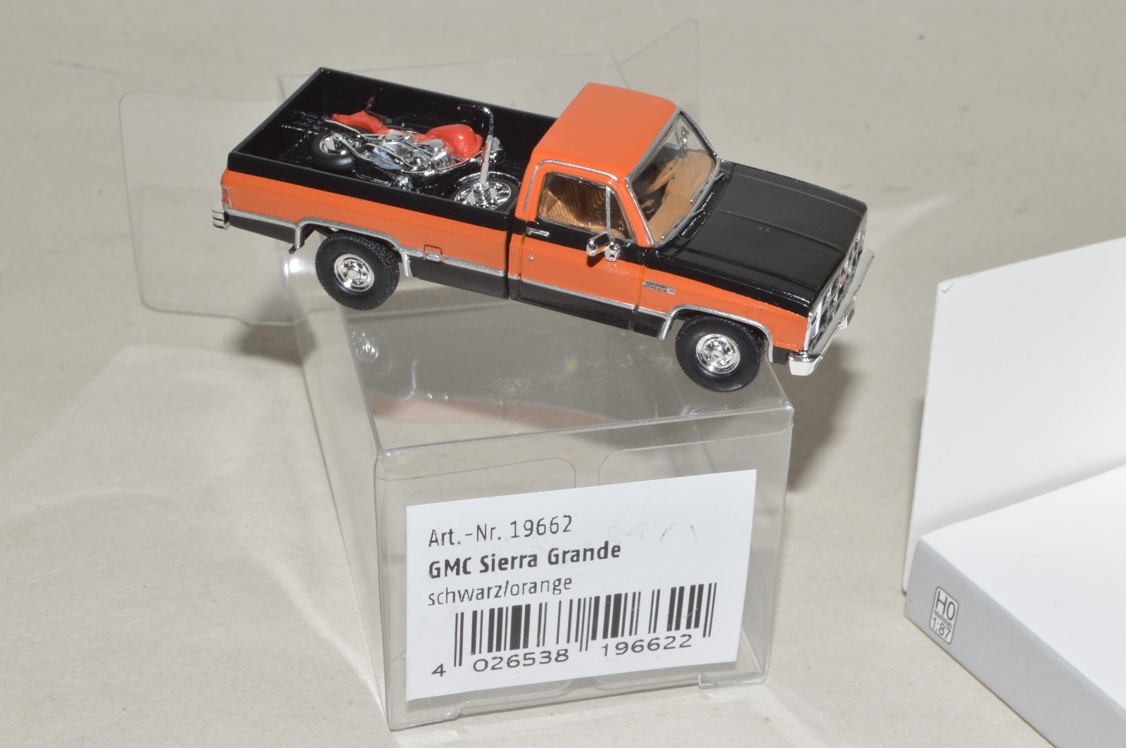 HO scale Brekina 19662 GMC Sierra pickup truck w/ motorcycle ORANGE/BLACK