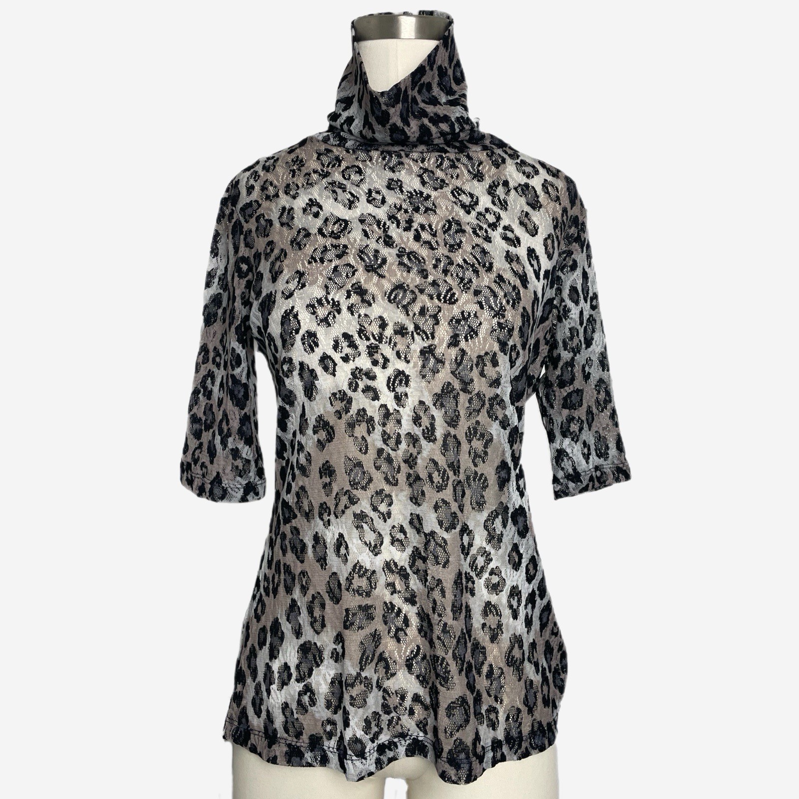 Vintage Y2K Newport News brown leopard sheer mesh lace turtleneck top edgy S/M