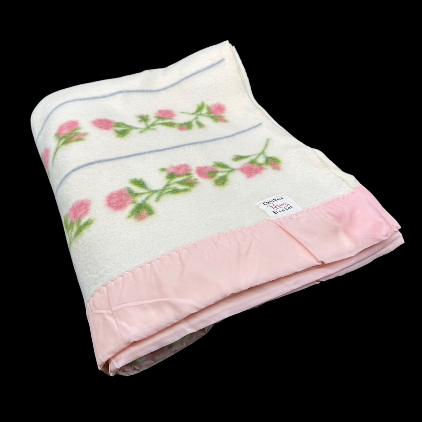 Vintage Chatham Purrey Blanket Pink Moss Roses Stripes 1950s Satin Style Trim