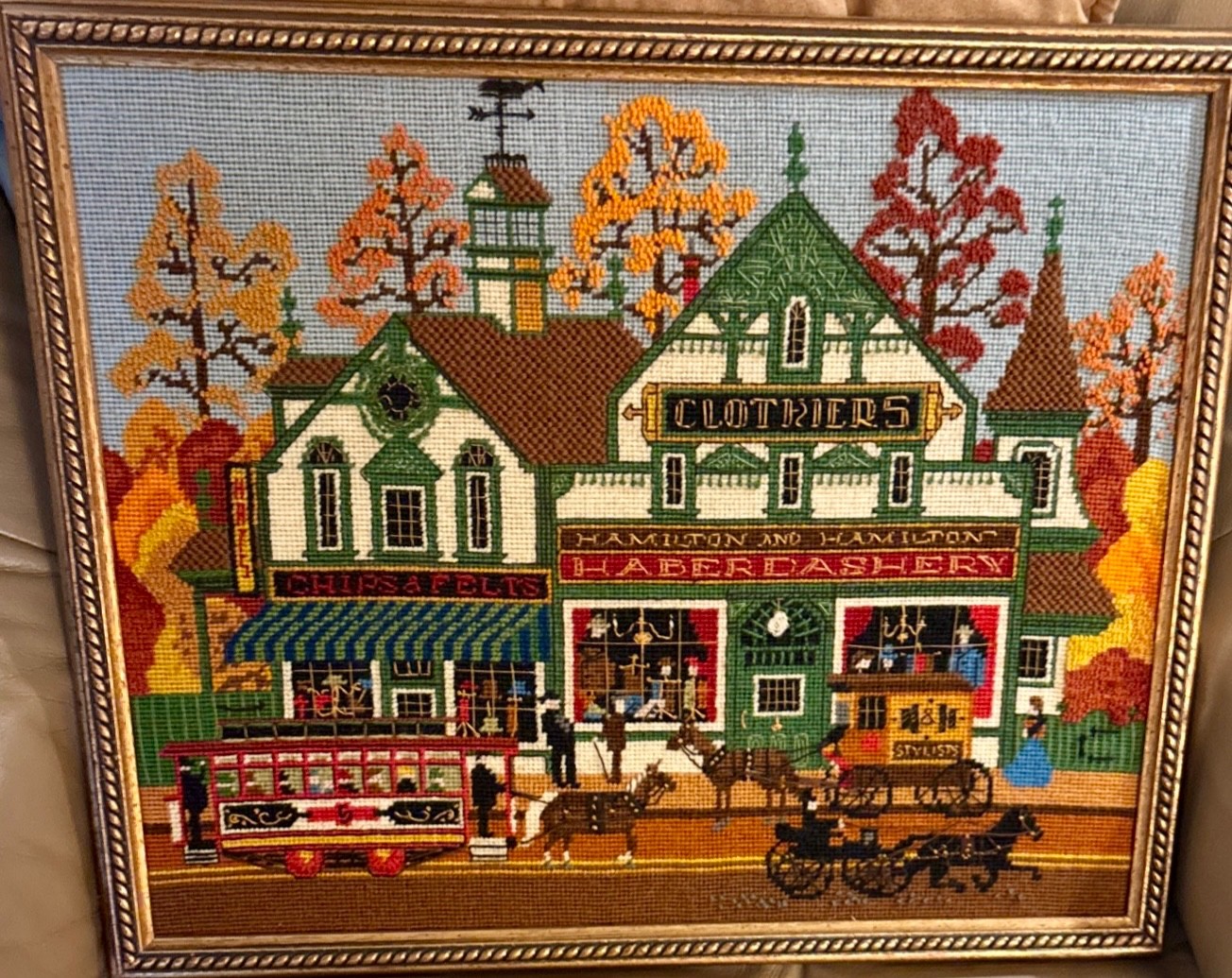 VTG Dimensions Village Shopping 2172 Completed Needle Point Cross Stitch Framed VTG Dimensions Village Shopping 2172 Completed Needle Point Cross Stitch Framed