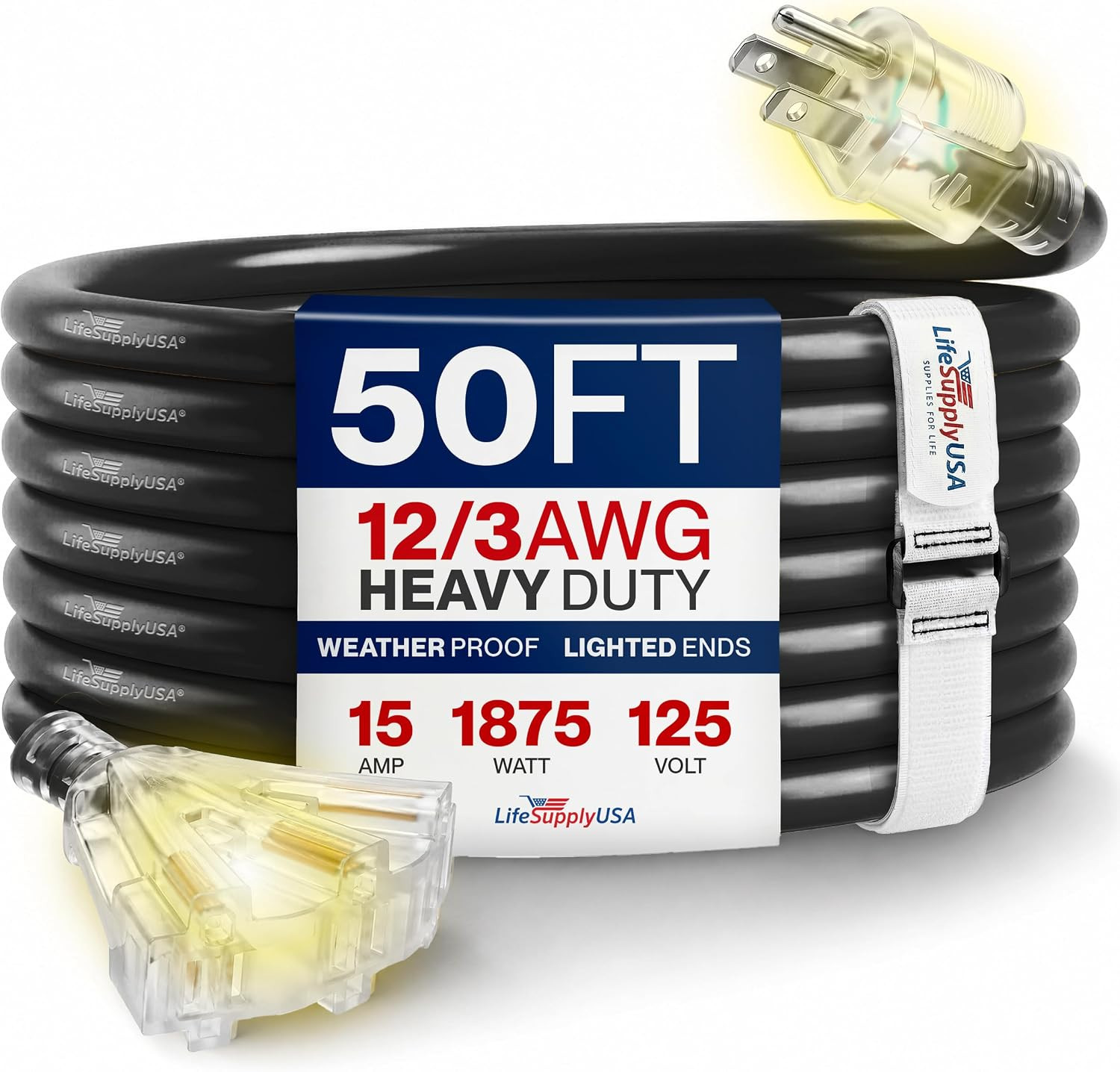 50Ft Outdoor/Indoor Extension Cord 3-Outlet 12/3 Gauge Extra Heavy Duty 3 Prong 50Ft Outdoor/Indoor Extension Cord 3-Outlet 12/3 Gauge Extra Heavy Duty 3 Prong
