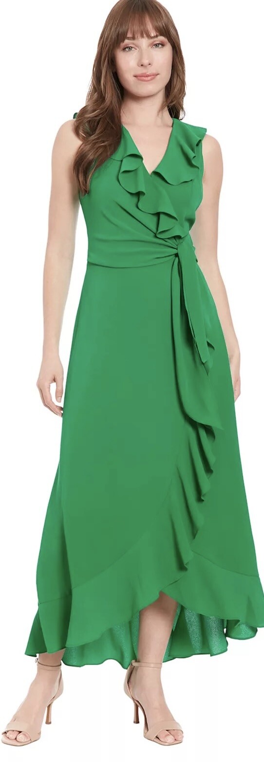 London Times Women\'s Flowly Feminie Ruffle Hi-Low Hem Faux Wrap Crepe Maxi Dress