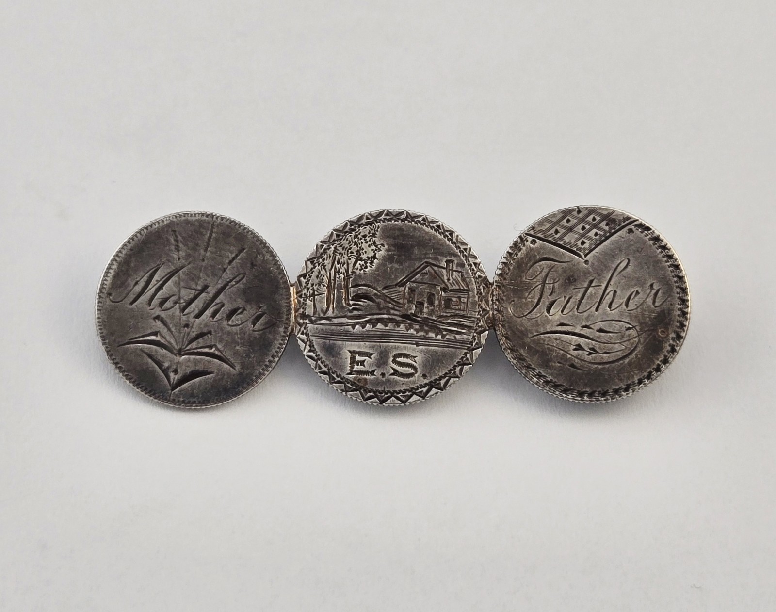 VTG Victorian 1887 Seated Liberty Dime Love Token Pin Mother Father E.S. - 7.3g