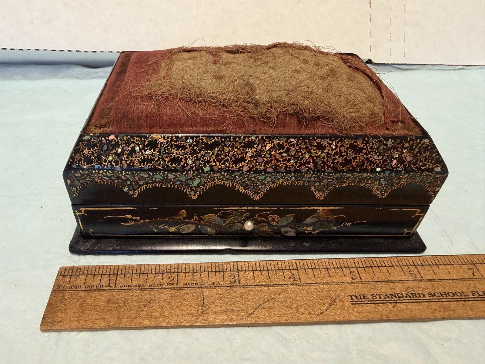 Antique Victorian Black Papier Mache Sewing Needle Button Box w Pin Cushion Top Antique Victorian Black Papier Mache Sewing Needle Button Box w Pin Cushion Top
