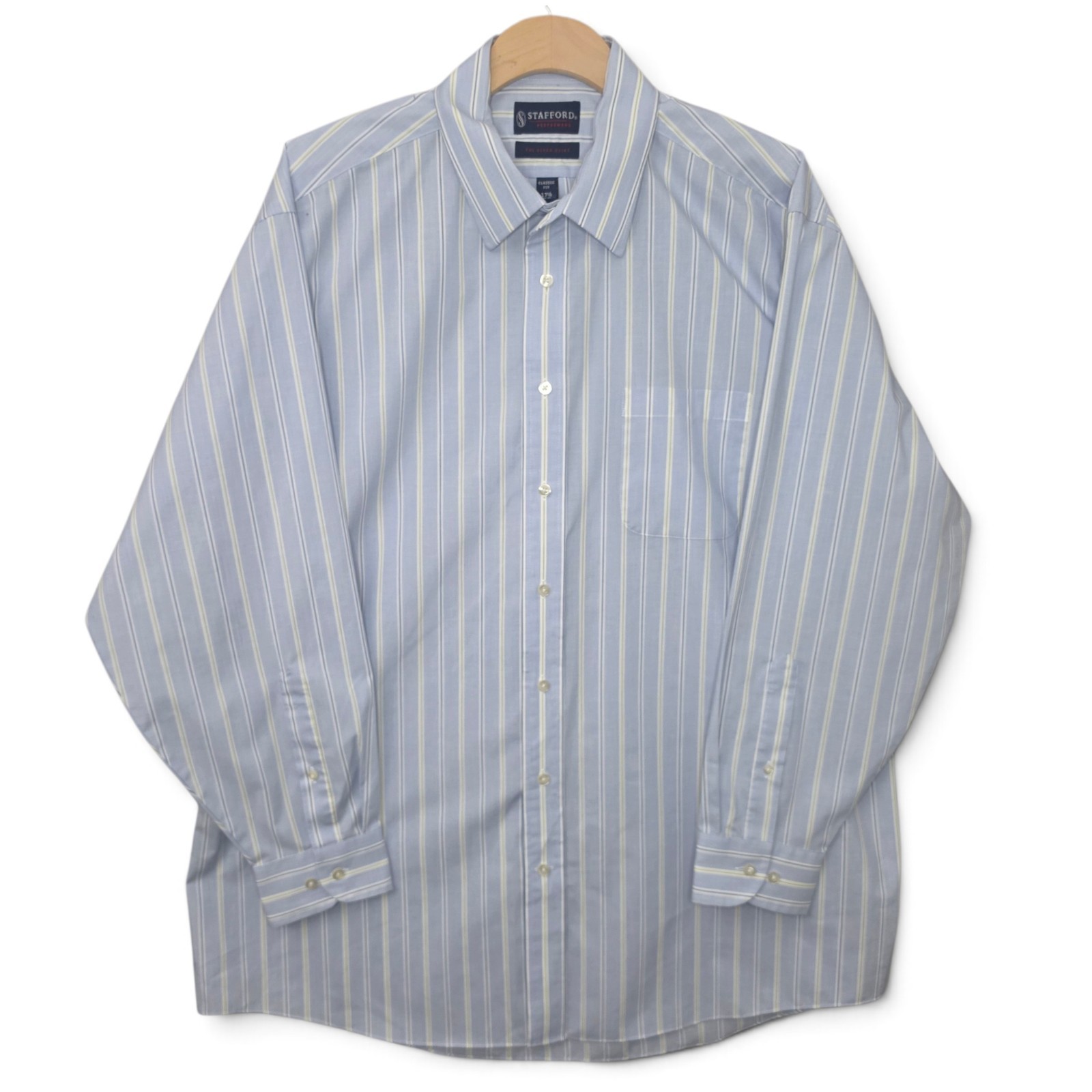 Stafford Performance Mens 17.5 34/35 Dress Shirt Blue Stripe Super Shirt Career