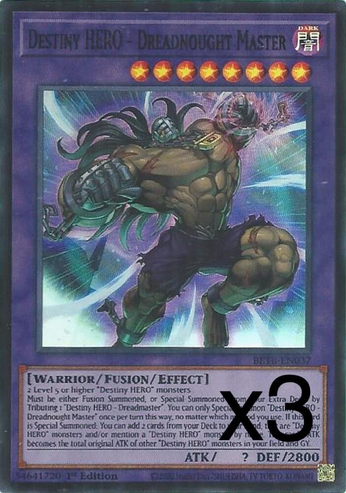 3x Yugioh Destiny HERO - Dreadnought Master BETB-EN037 Super Rare 1st Edition NM 3x Yugioh Destiny HERO - Dreadnought Master BETB-EN037 Super Rare 1st Edition NM