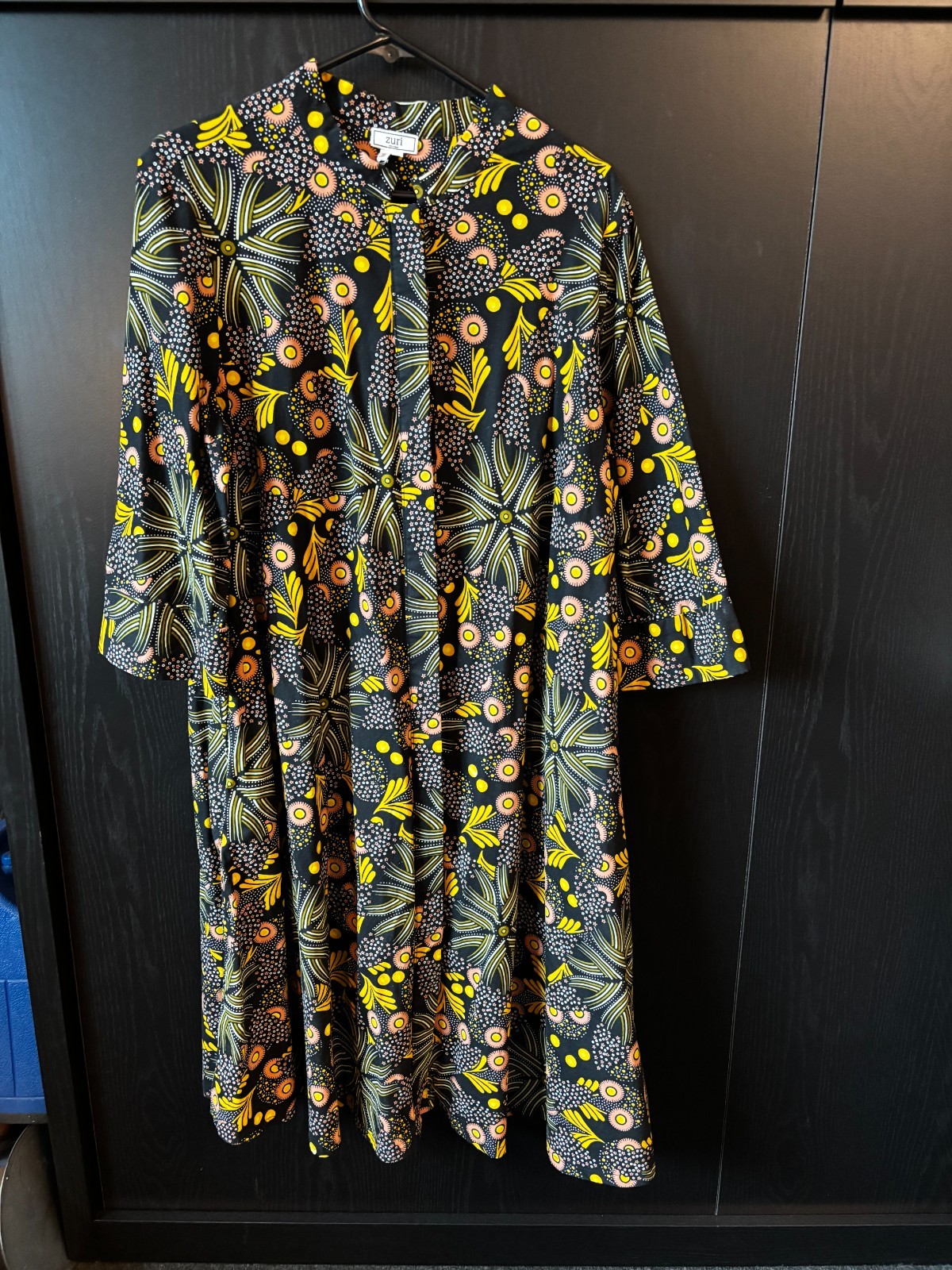 Zuri African Button-Front Floral Dress in Black with Yellow & Orange Accents Zuri African Button-Front Floral Dress in Black with Yellow & Orange Accents
