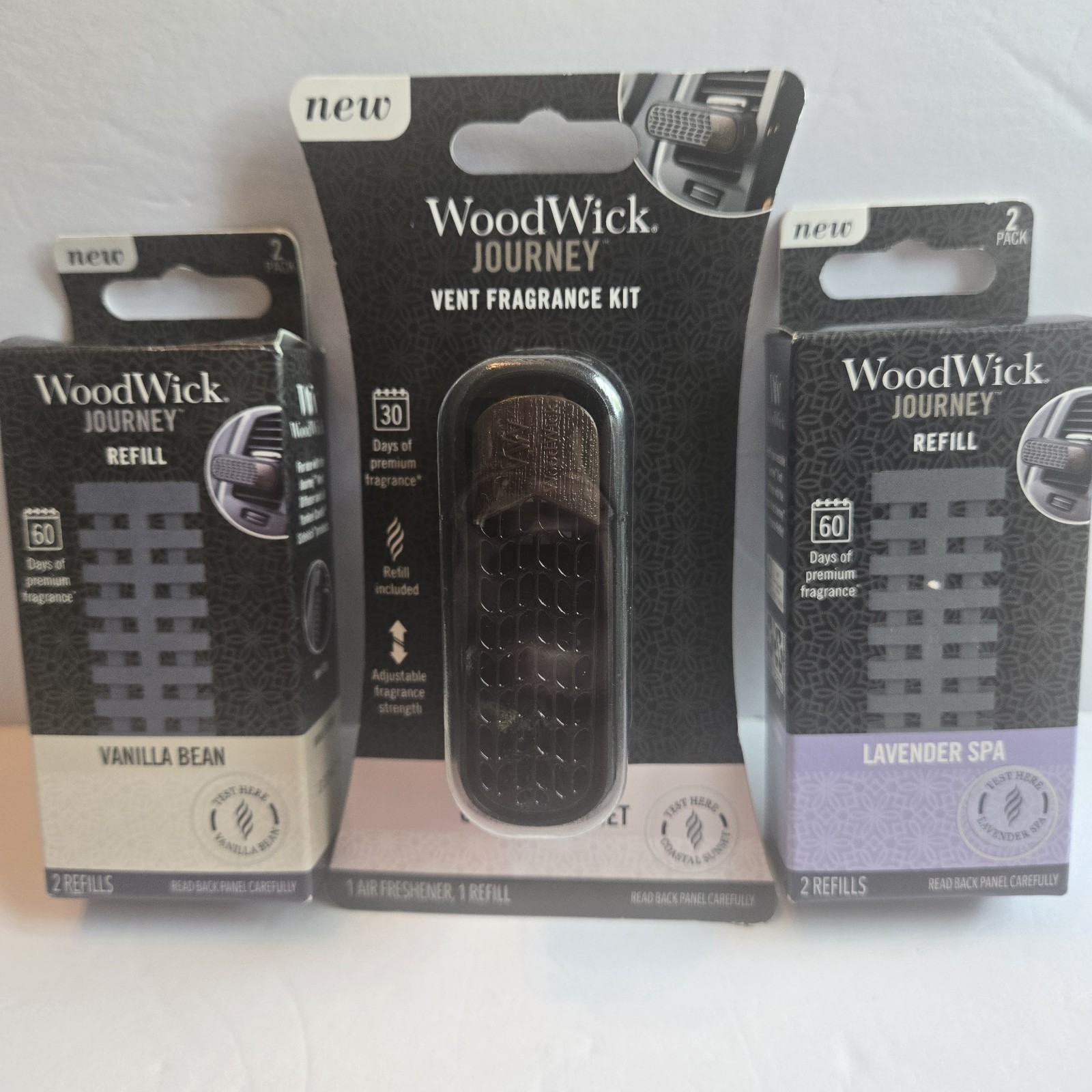 NEW Woodwick Journey Car Vent Fragrance Kit, 30 Days each, 3 Refills