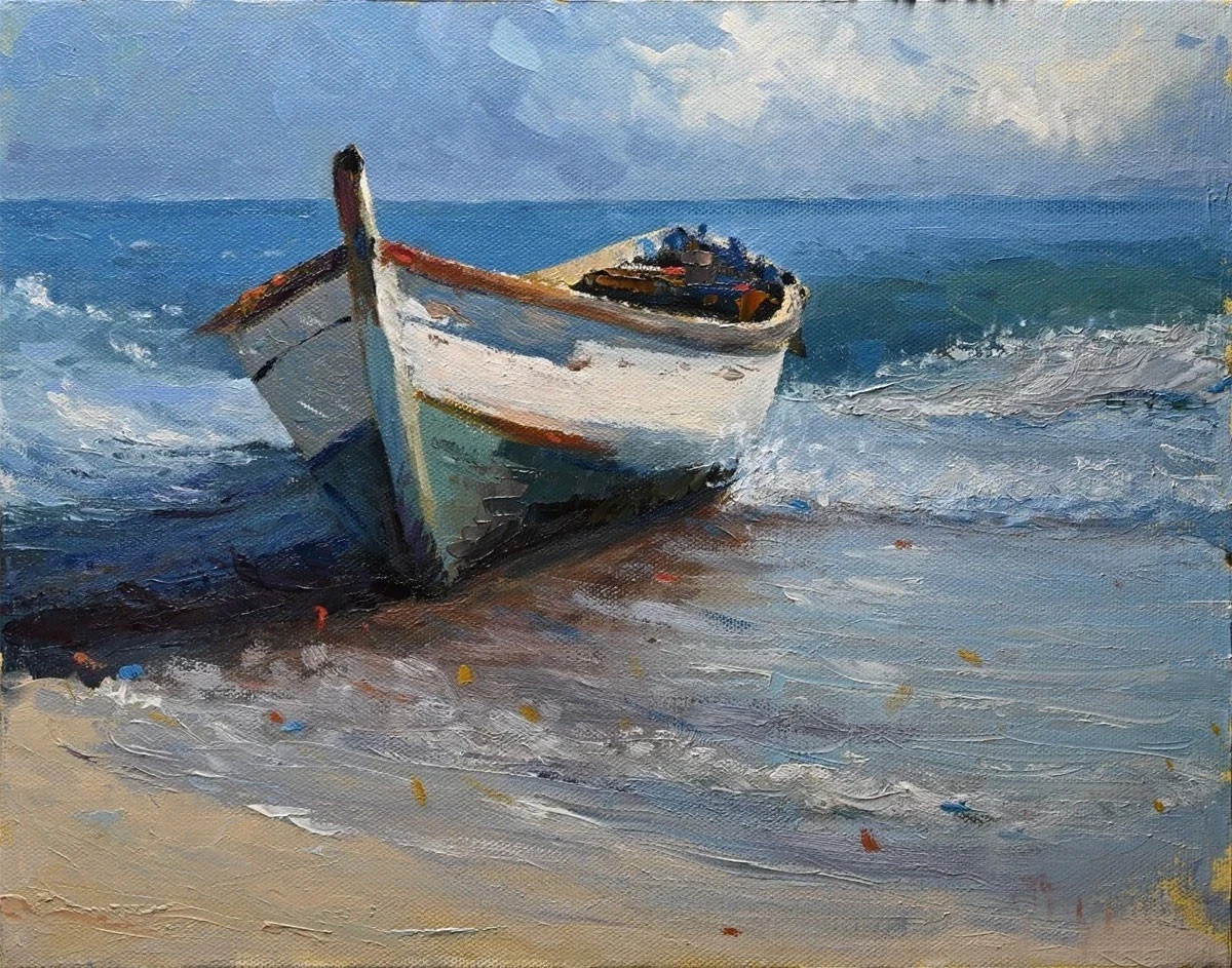 Boat by the Sea Seascape Hand-Painted Oil Painting Canvas Wall Art ZW116