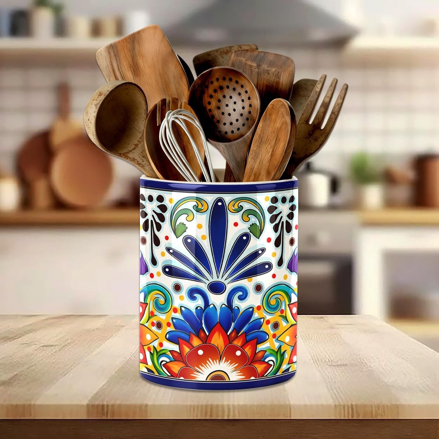 Mexican Tiles Kitchen Utensil Holder, Mexica Theme Talavera Large Ceramic Utensi
