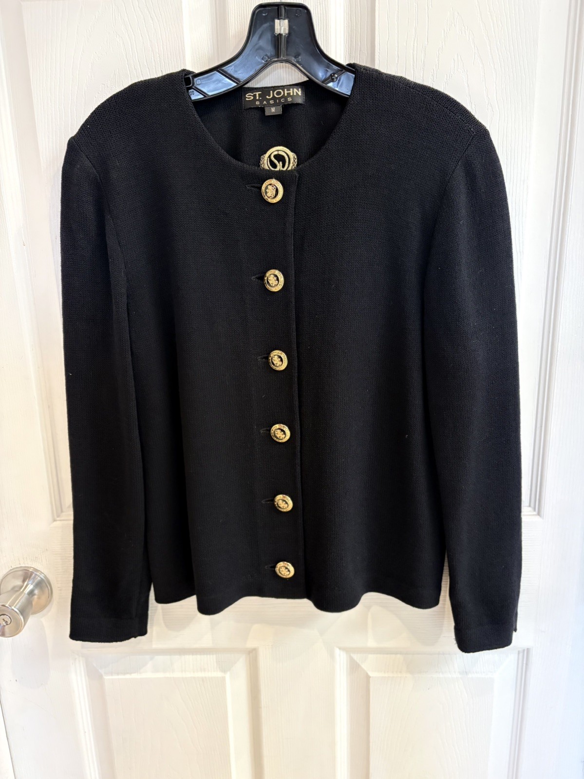 St. John Basics Black Santana Knit Jacket Gold Crest Buttons Size M St. John Basics Black Santana Knit Jacket Gold Crest Buttons Size M