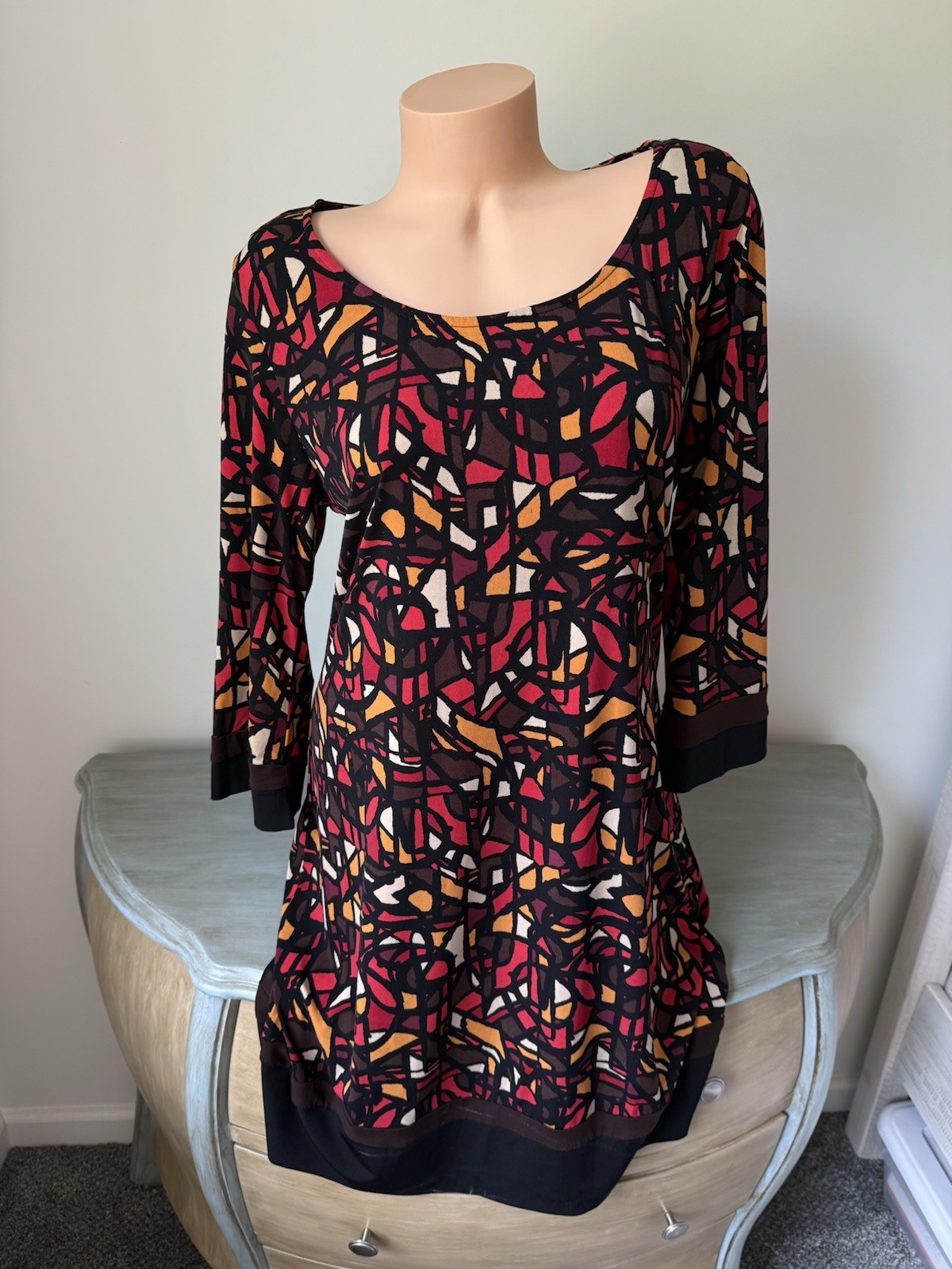 Ronni Nicole Dress XL 14 3/4 Sleeve Geo Print Colorful 70s Retro Fall Pullover Ronni Nicole Dress XL 14 3/4 Sleeve Geo Print Colorful 70s Retro Fall Pullover