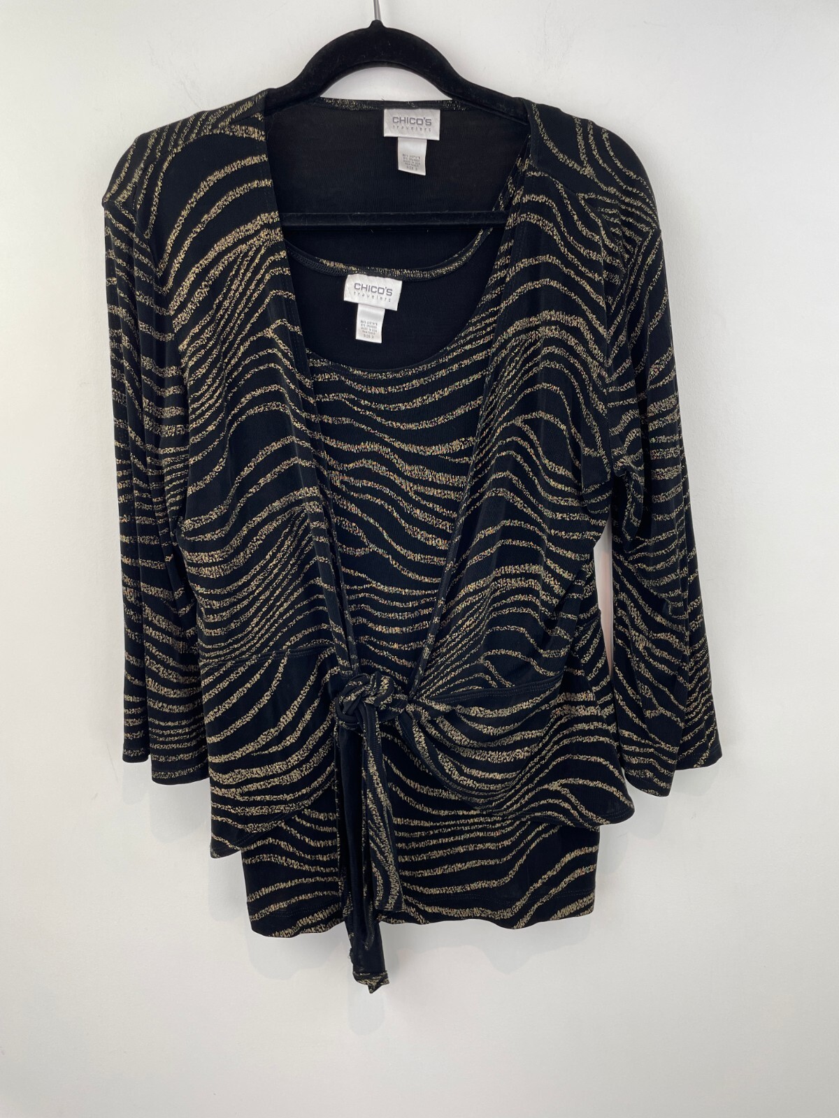 Chicos Travelers 3 Cardigan Sweater Slinky Twinset Tie Waist 3/4 Slv Gold A26-03 Chicos Travelers 3 Cardigan Sweater Slinky Twinset Tie Waist 3/4 Slv Gold A26-03