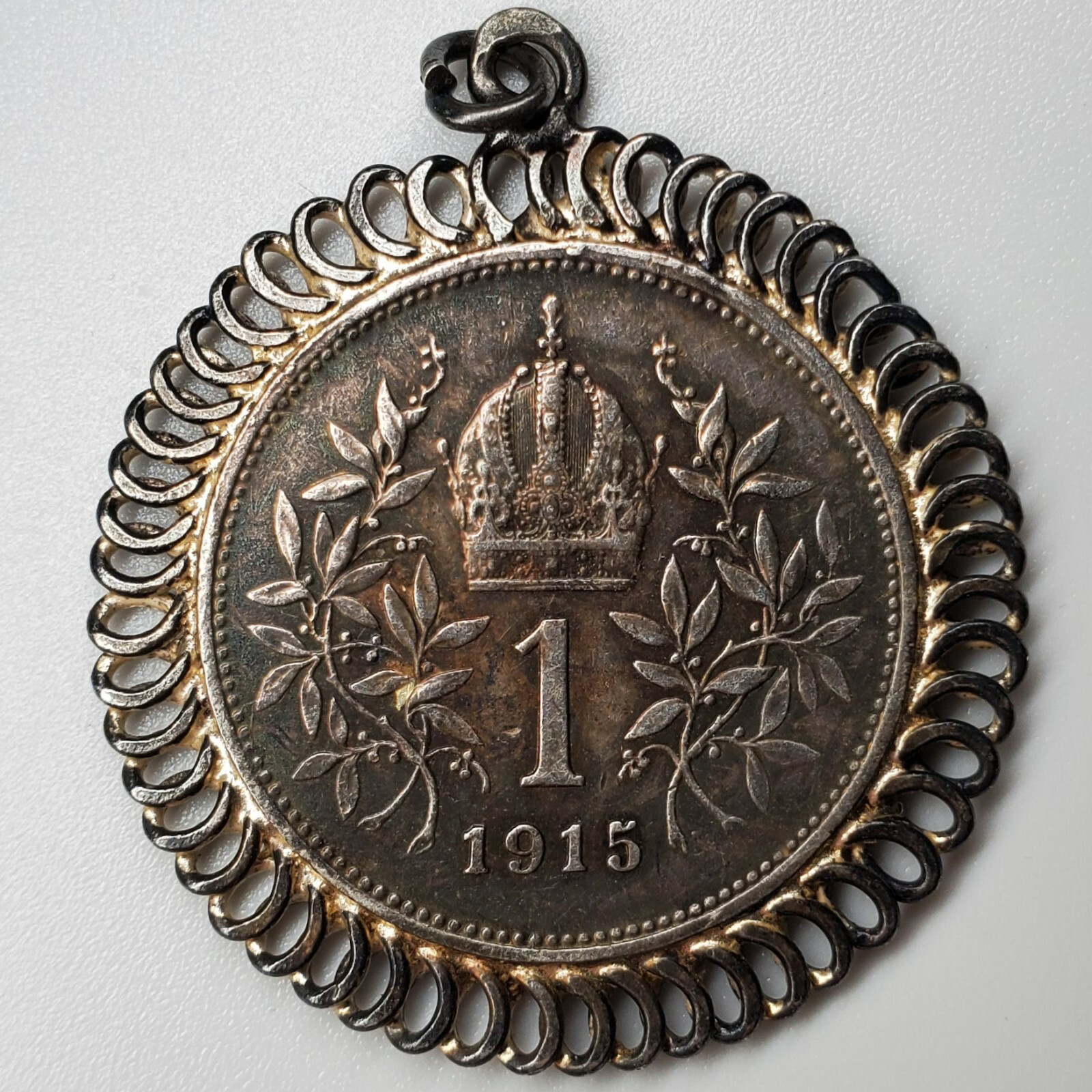 1915 Austria-Hungary Corona Franz Joseph I Coin Pendant 800 Silver WWI Original