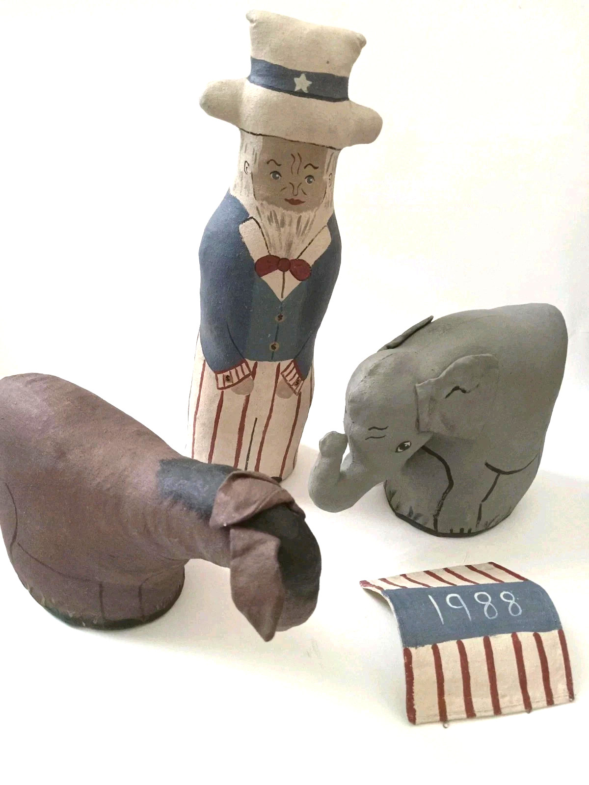 Set Primitive Handmade Patriotic Americana 4th July Uncle Sam, Donkey, Elephant 