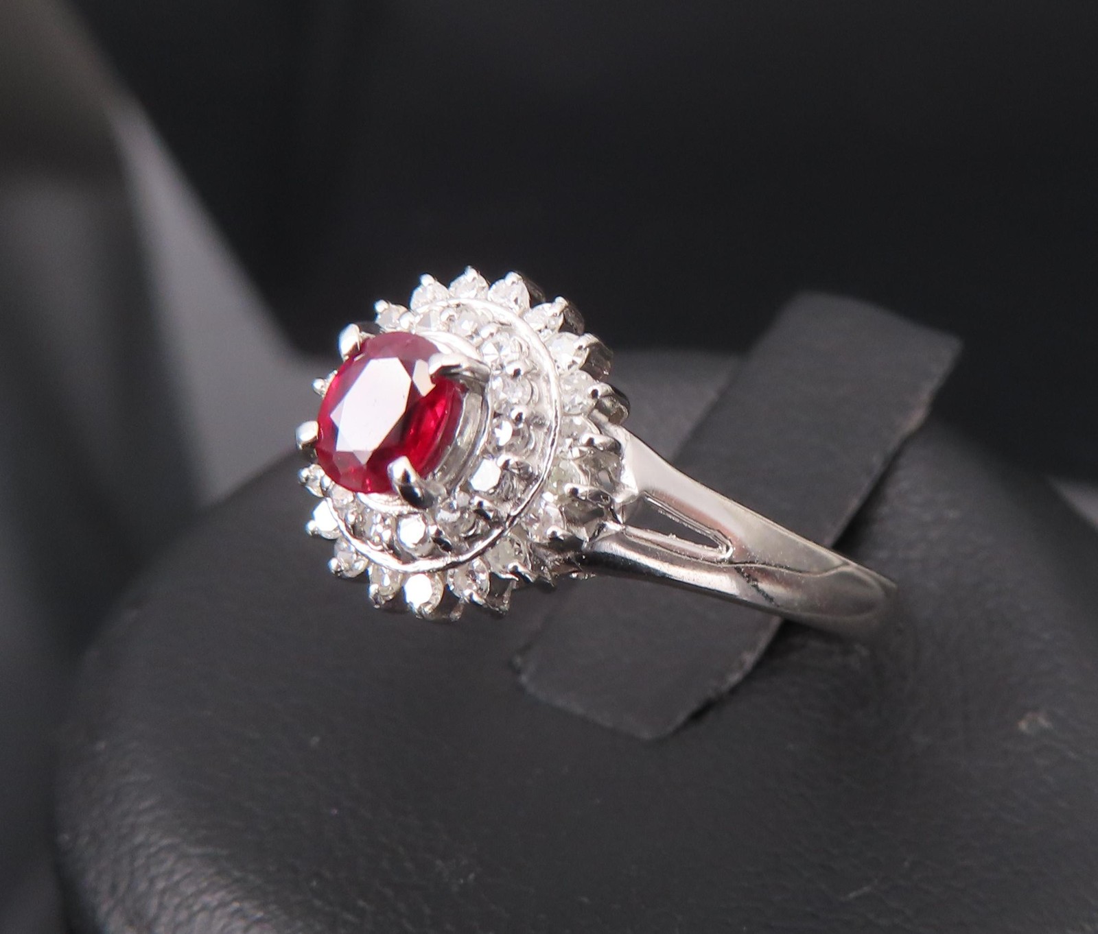 Vintage 0.20ct Intense Red Ruby 0.34ct Diamond Platinum Cocktail Ring Size 6.5