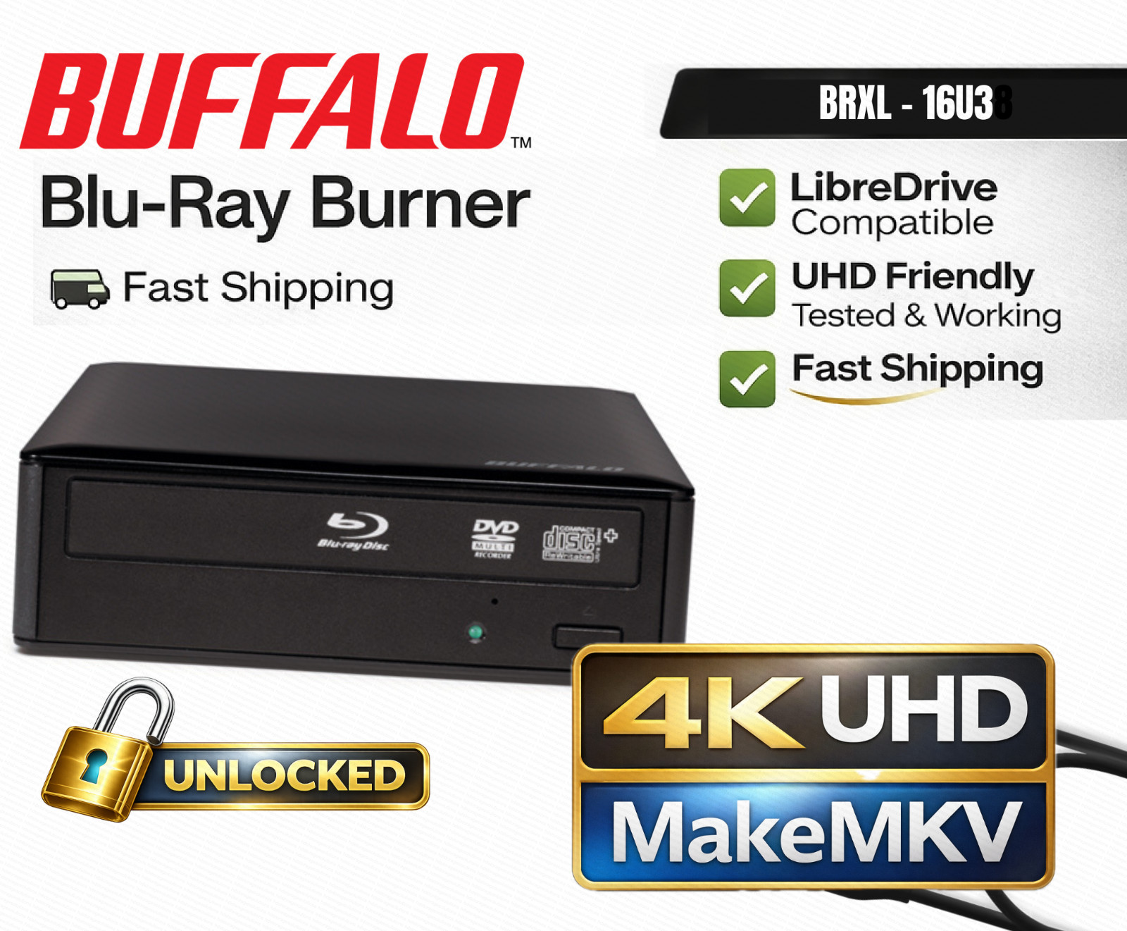 Buffalo 4K UHD Ready Firmware UNLOCKED Blu-ray Writer Burner MAKEMKV BRXL-16U3
