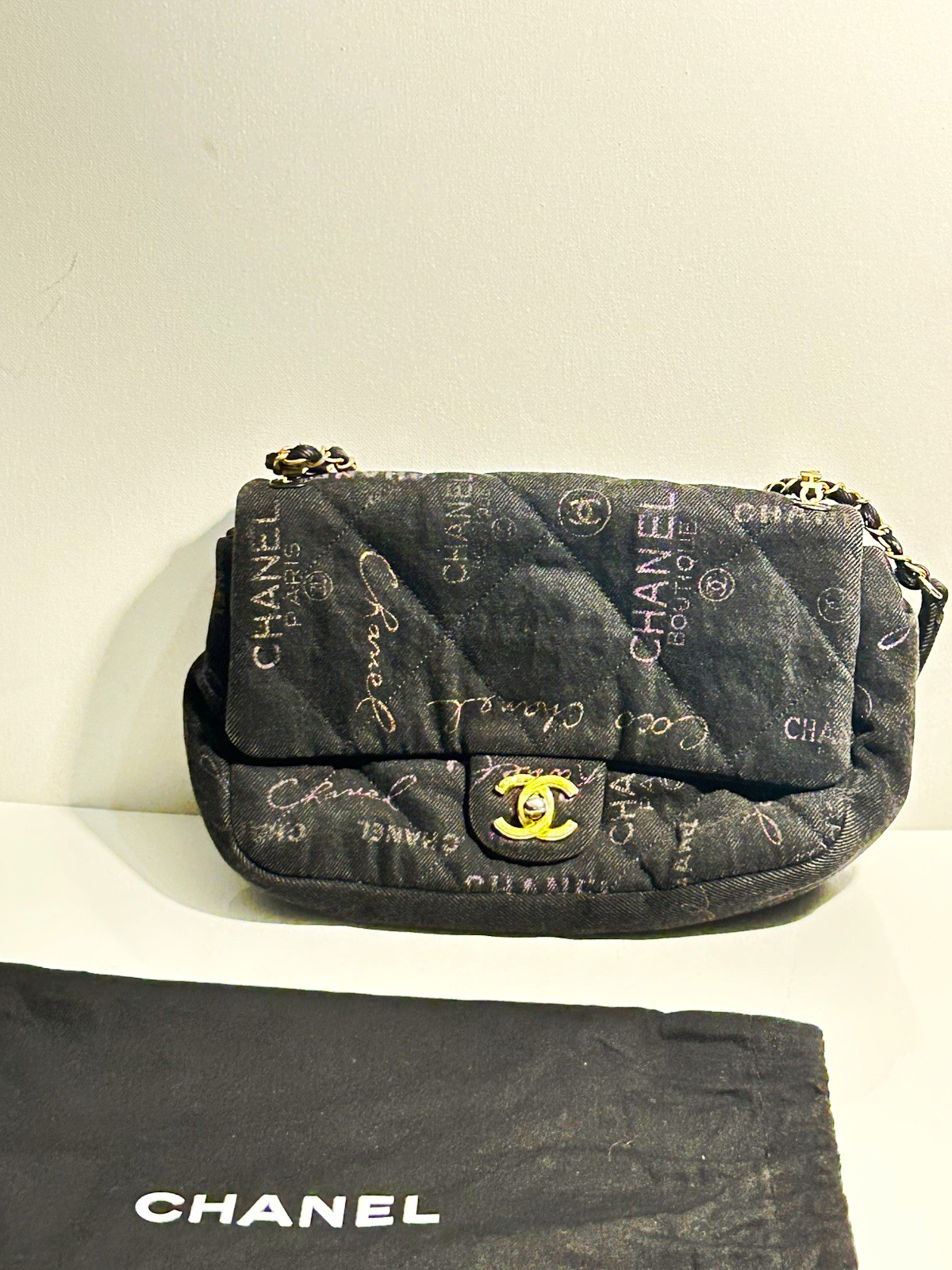 CHANEL Black Quilted Logo Flap Shoulder Bag Chain Strap w/ Dust Bag