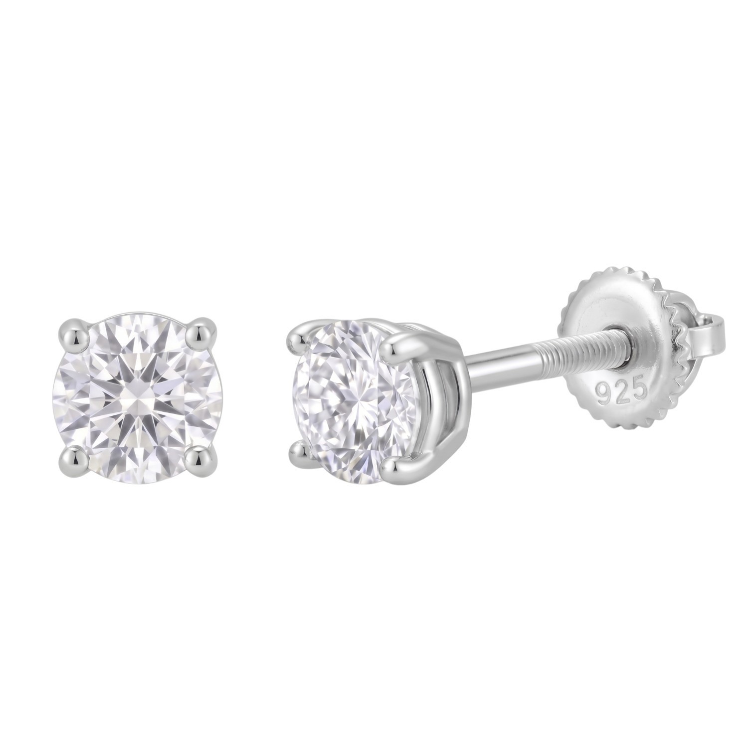 3mm Real Moissanite Stud Earrings - 925 Silver - Screwback or Pushback - Pair