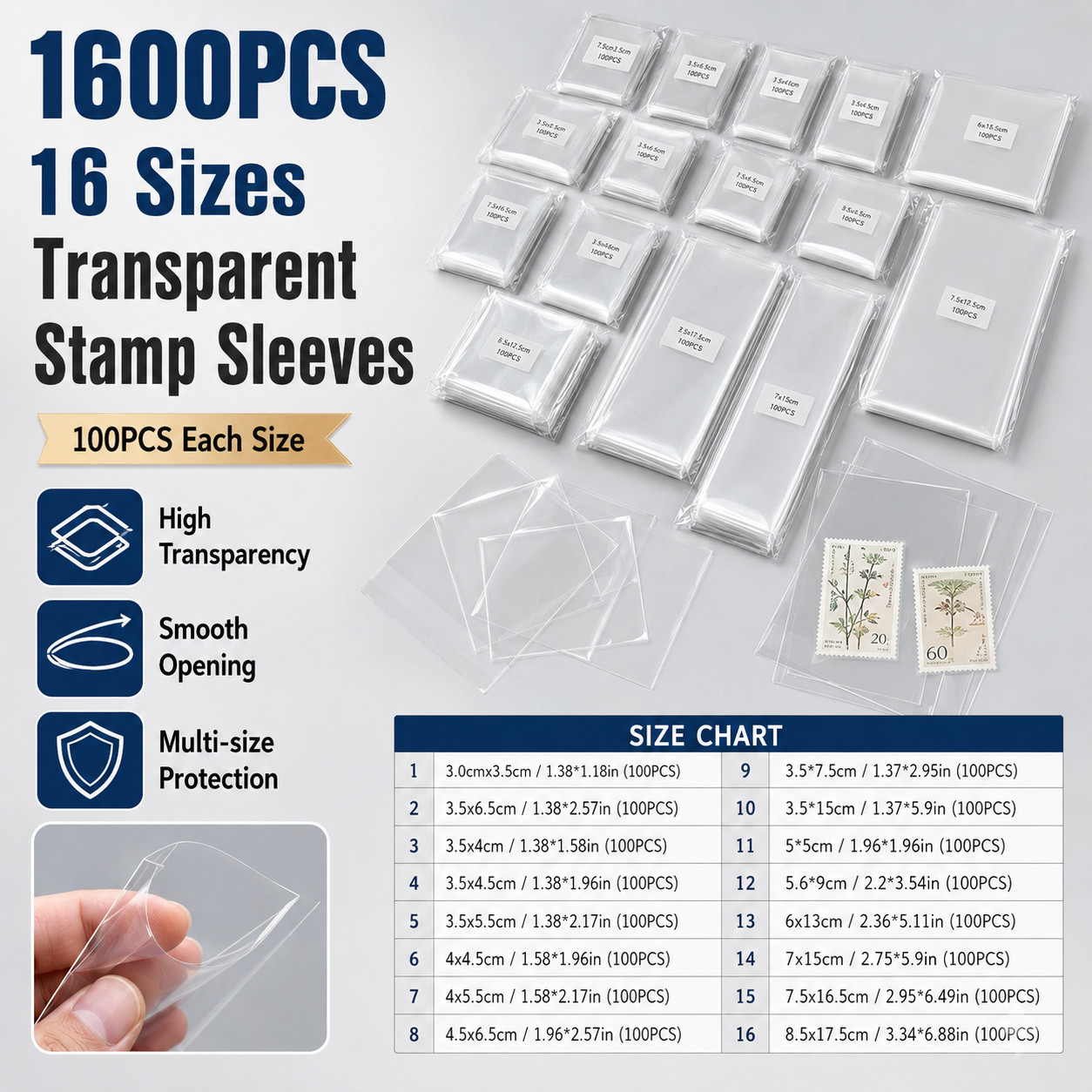 1600Pcs Clear Stamp Pockets 16 Sizes OPP Holders Album Collection Storage Sleeve