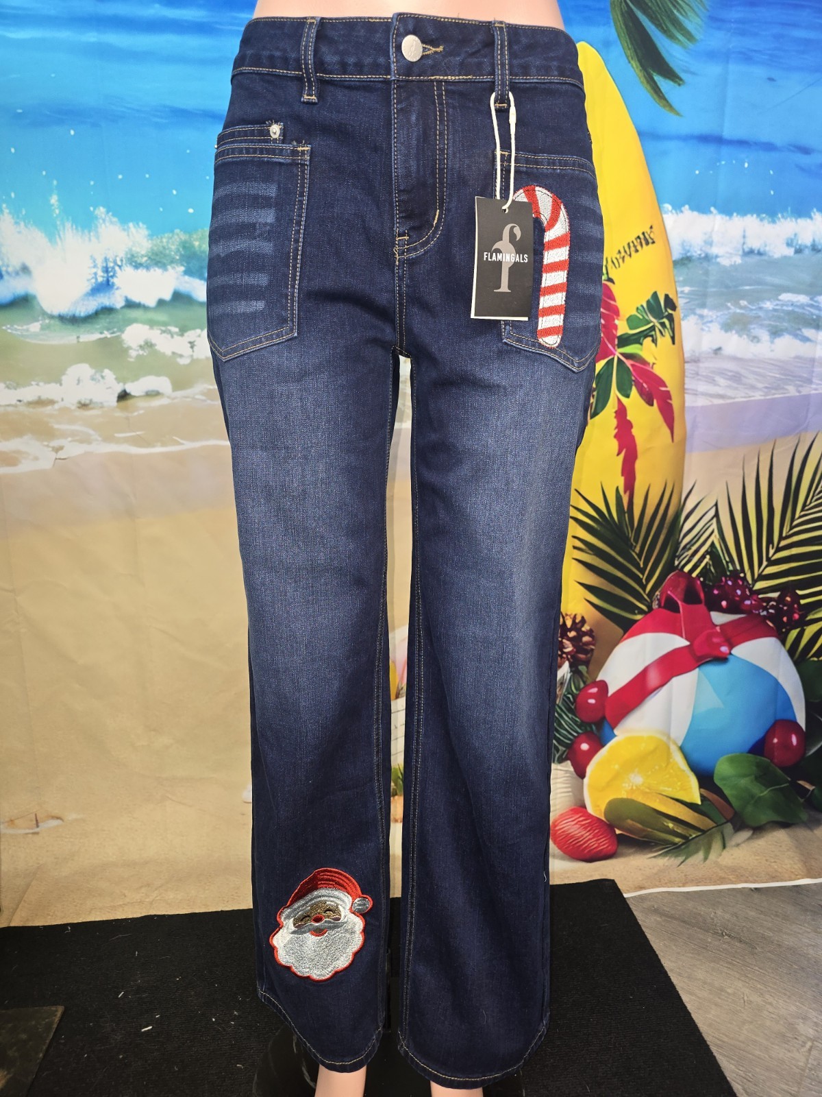 NWT Flamingals Holiday Dark Jeans Embroidered patches, Medium #78754 32 Inseam