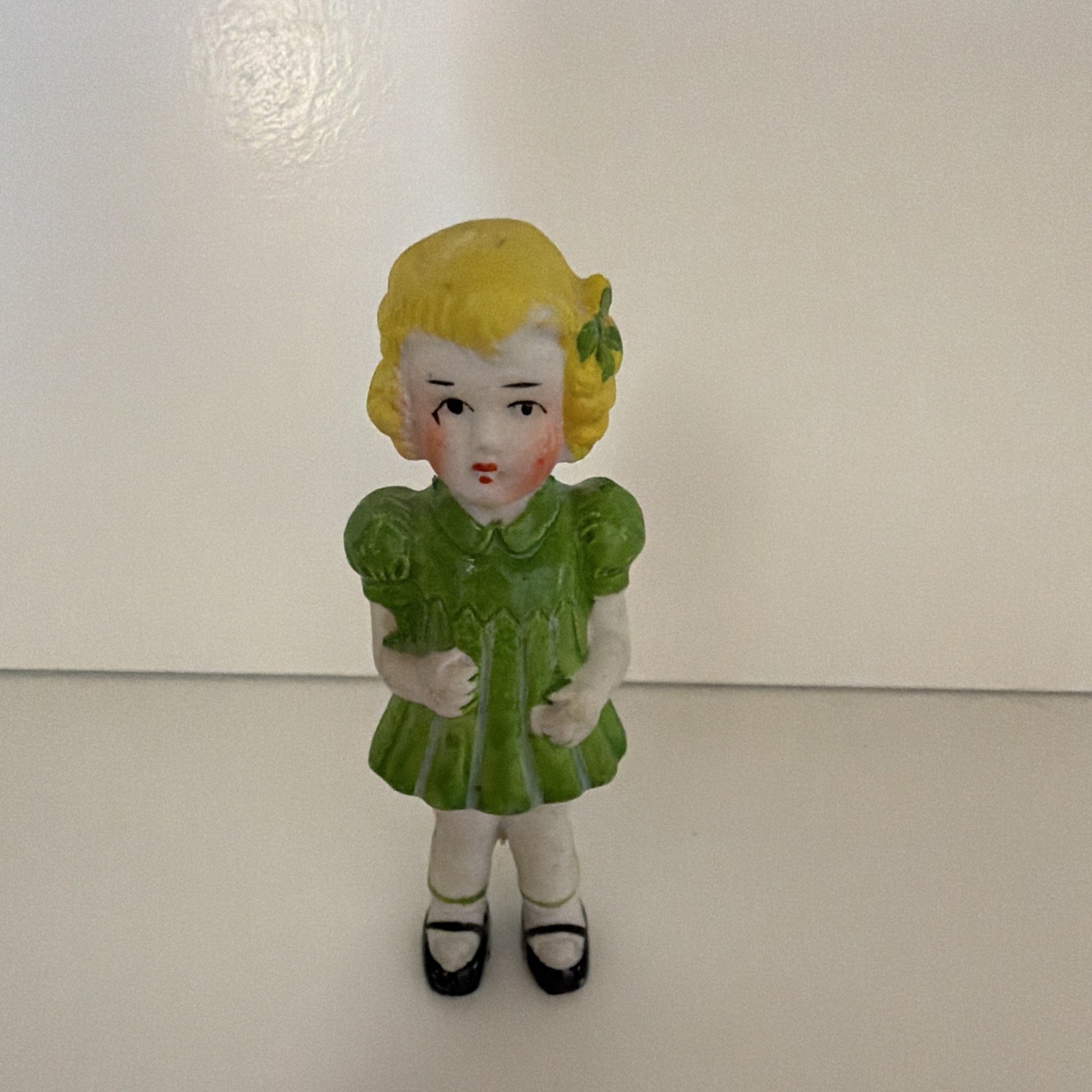 Vintage Bisque Girl Figurine Green Dress Blonde Hair Hand Painted Germany Japan Vintage Bisque Girl Figurine Green Dress Blonde Hair Hand Painted Germany Japan