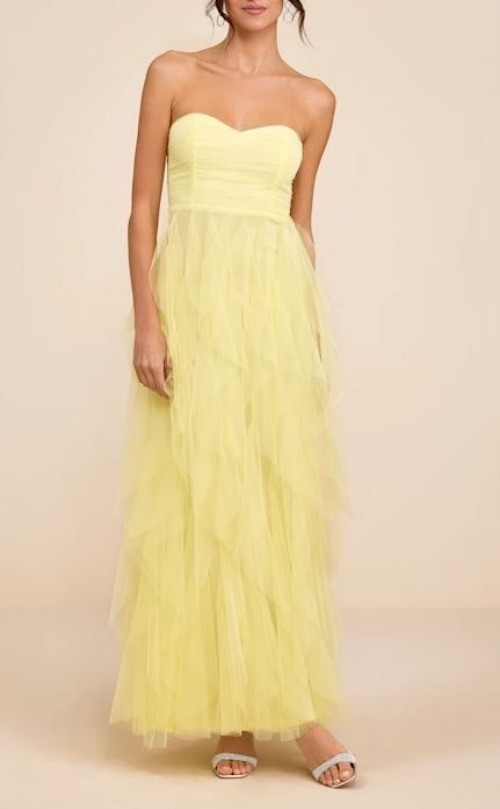 Lulus Delightful Beauty Yellow Strapless Ruched Ruffled Maxi Dress Sise S NWT