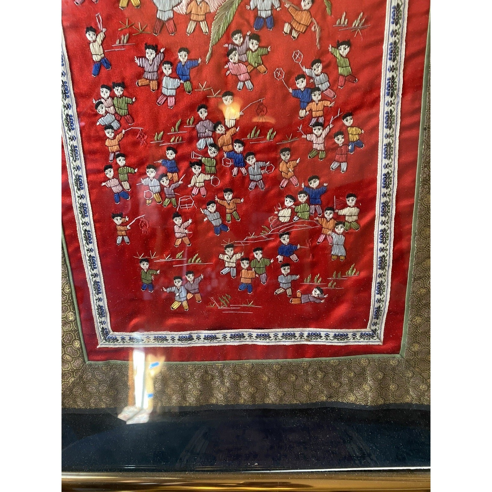 Vintage Bamboo Framed Chinese Silk Hand Embroidery 100 Children Playing 19x32 Vintage Bamboo Framed Chinese Silk Hand Embroidery 100 Children Playing 19x32
