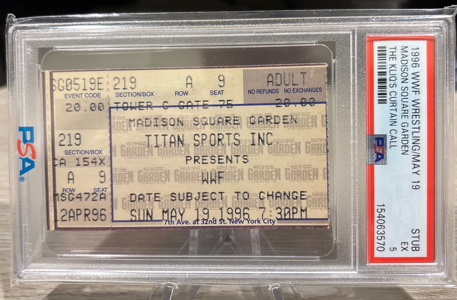 Kliq Curtain Call Madison Square Garden Ticket Stub WWF WWE PSA 5 May 19, 1996 Kliq Curtain Call Madison Square Garden Ticket Stub WWF WWE PSA 5 May 19, 1996