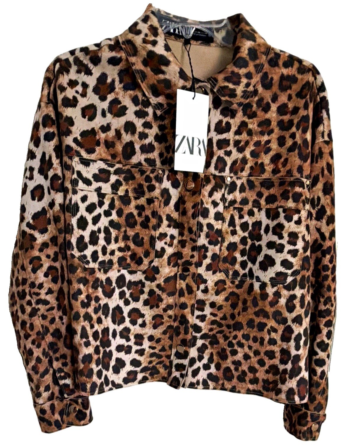ZARA Leopard Print Short Jacket, Size XS, Brown/Black/Beige, Snaps, Pockets