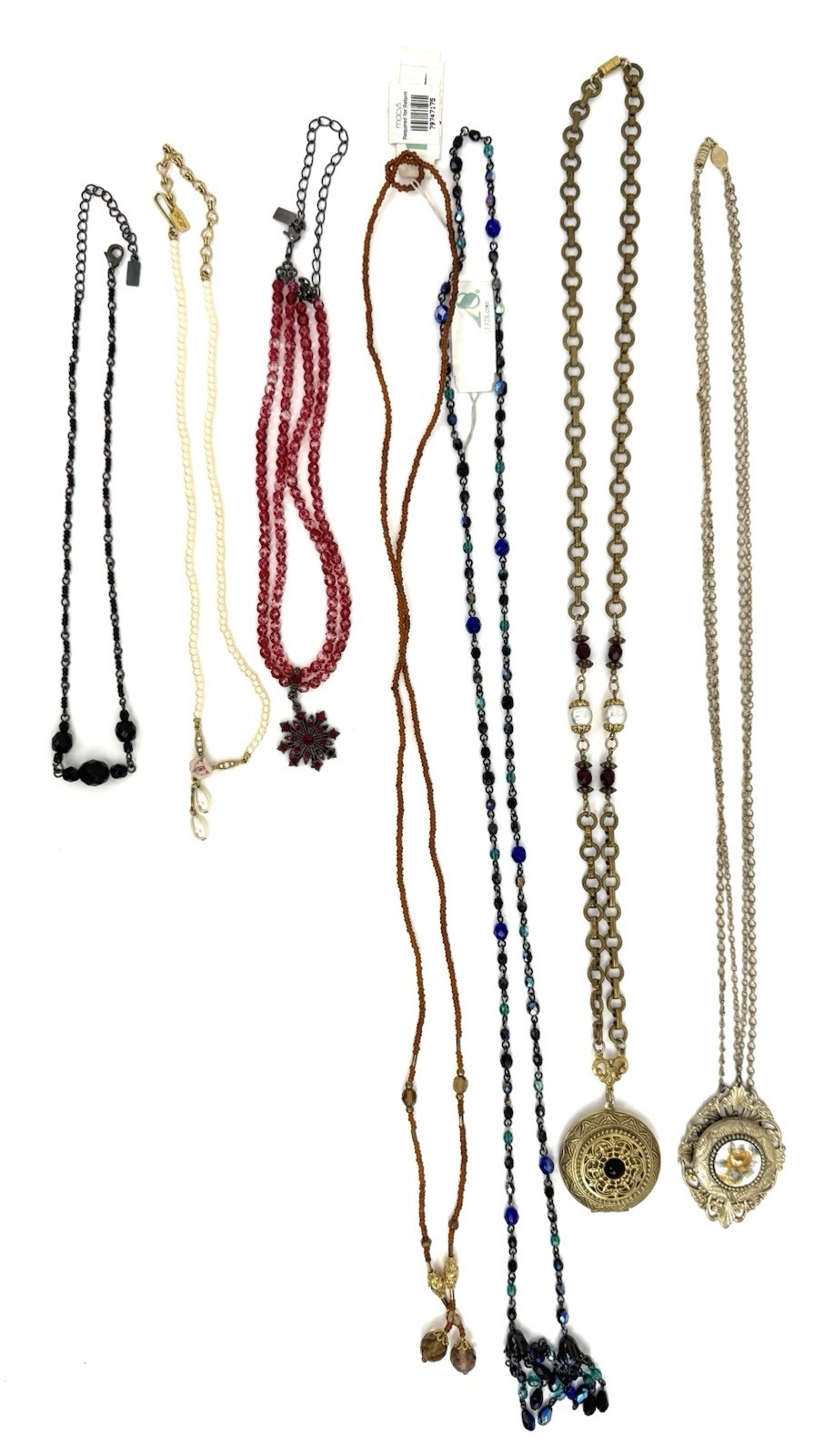 Vintage 1928 Jewelry Necklace Lot of 7 Gold Tone Lockets Beaded Victorian Style