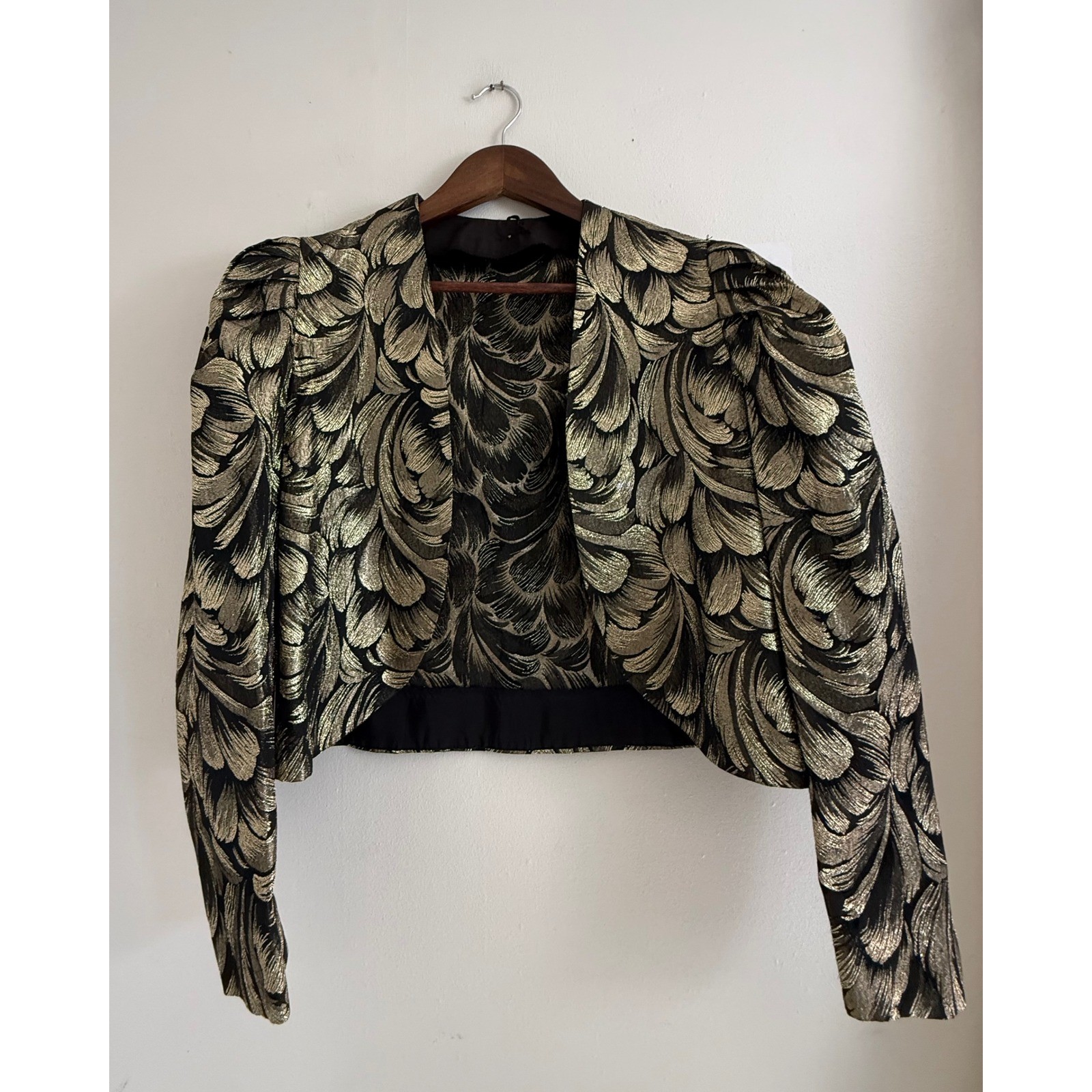Vintage Gold Black Metallic Brocade Cropped Bolero Jacket Puff Shoulder