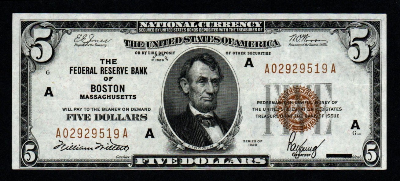 1929 $5 BOSTON District BEAUTIFUL XF+/AU Federal Reserve Bank Note