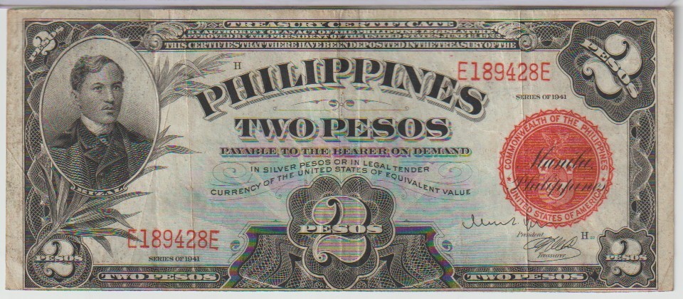Philippines 2 Pesos Banknote 1941 Very Fine Grade-30 P#82