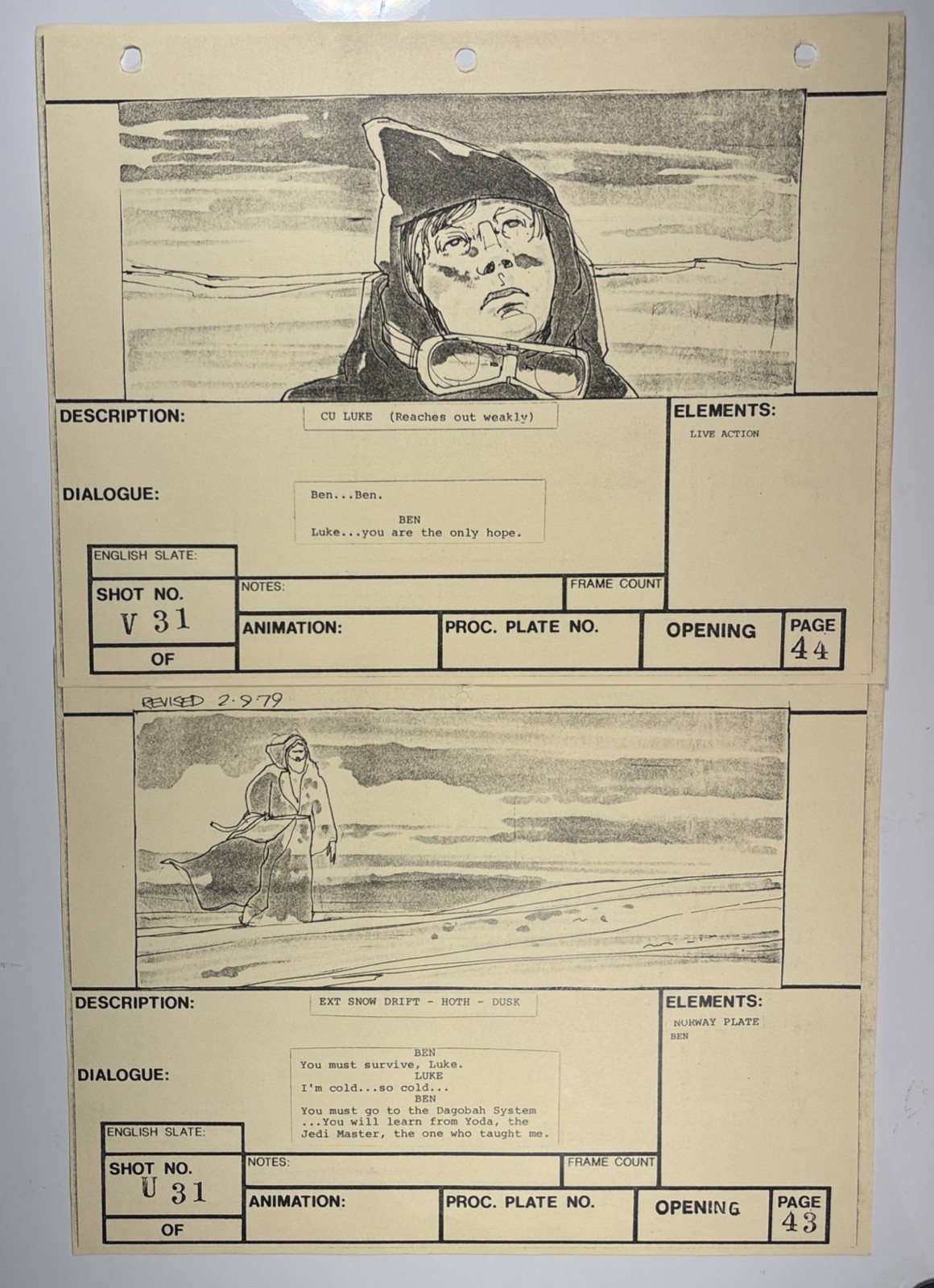Star wars storyboard Empire Strikes Back movie Prop Rebel Disney Vtg Art EB1-24