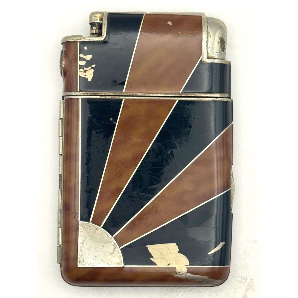 Vintage Marathon Windguard Cigarette Case Lighter Art Deco Sunburst Brown Black Vintage Marathon Windguard Cigarette Case Lighter Art Deco Sunburst Brown Black