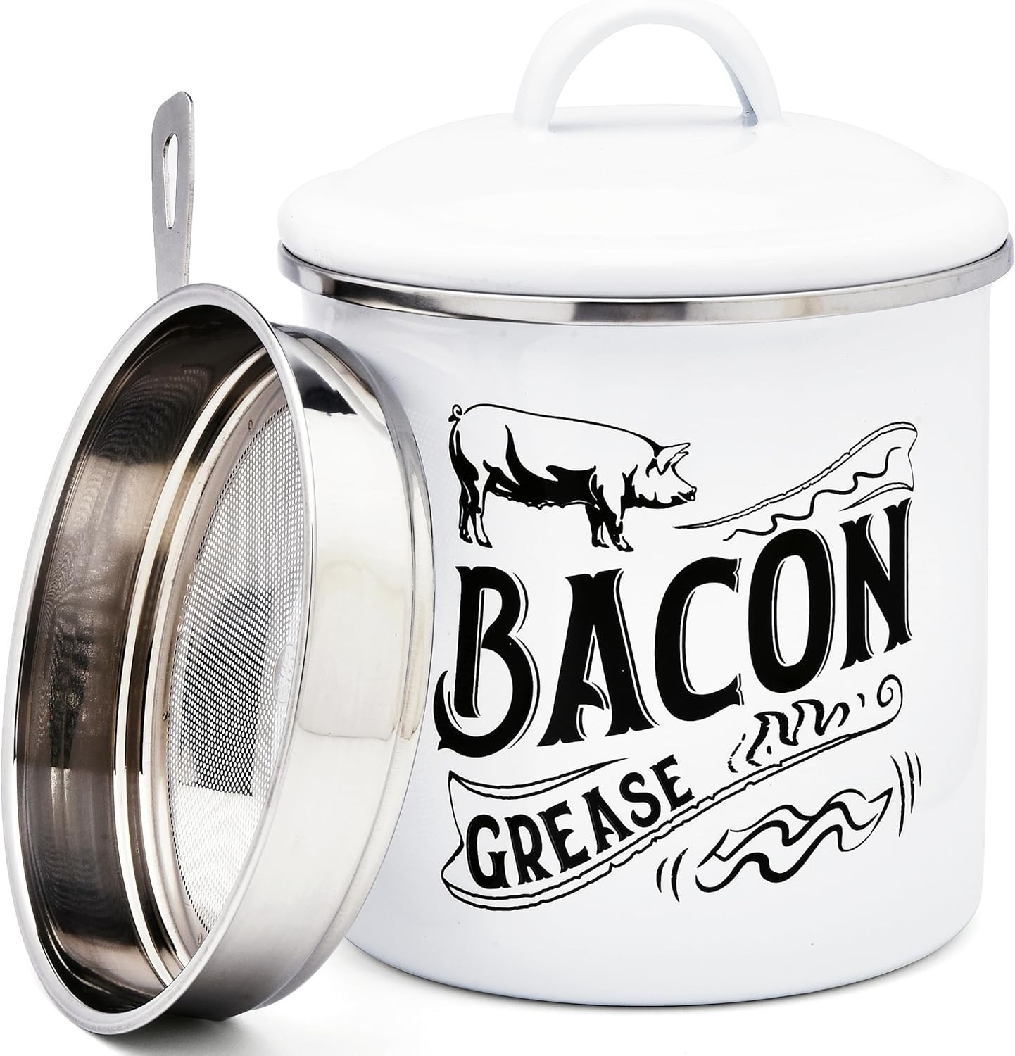 Bacon Grease Container With Fine Strainer Lid Farmhouse Kitchen Gift Decor White