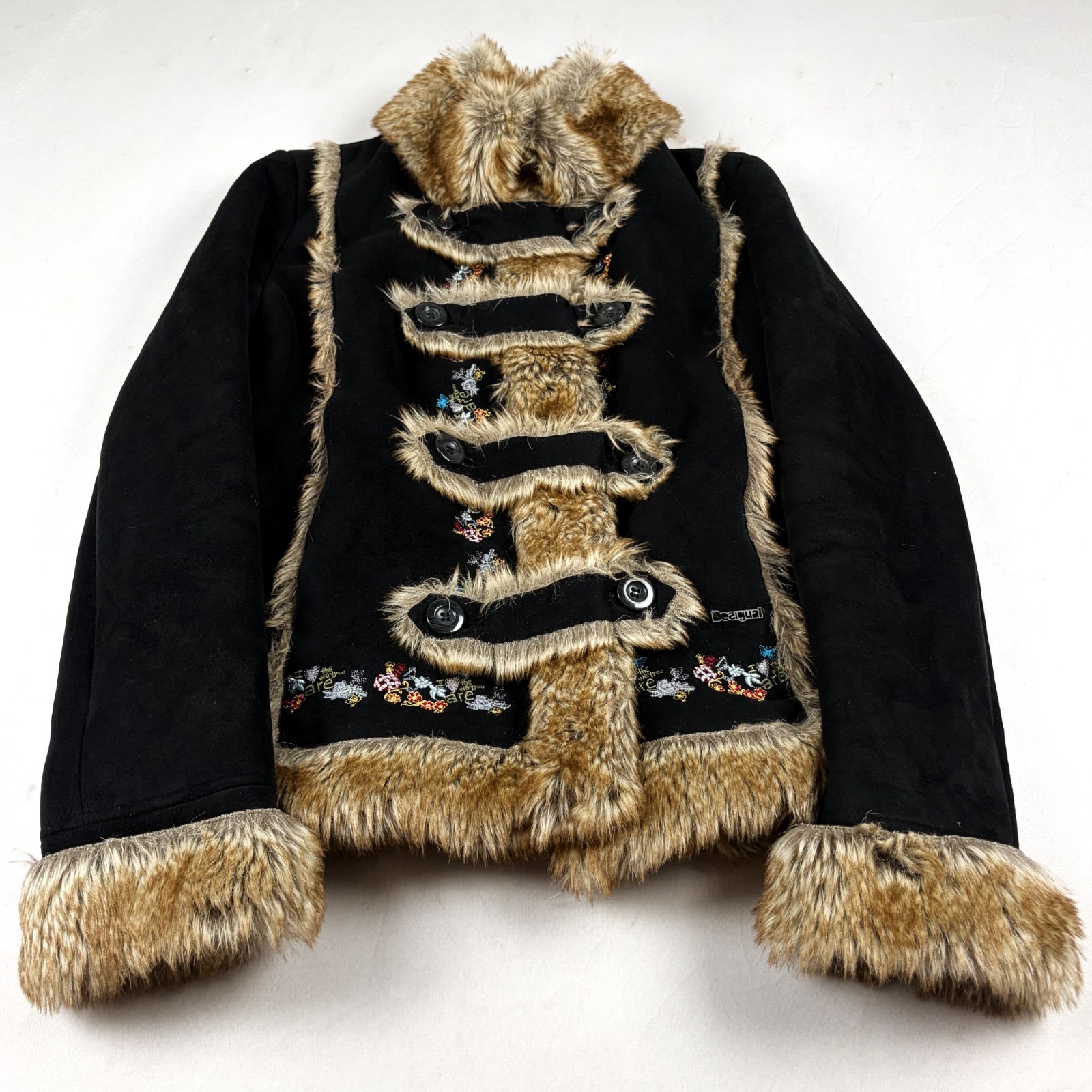 Desigual Faux Fur Trim Embroidered Jacket Gothic Fairy Grunge Y2K Boho Coat