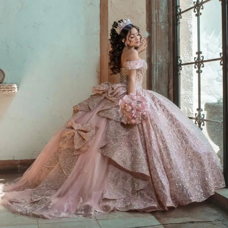 Pink Quinceanera Dress with Bow Off Shoulder Sweet 15 16 Party Formal Ball Gown