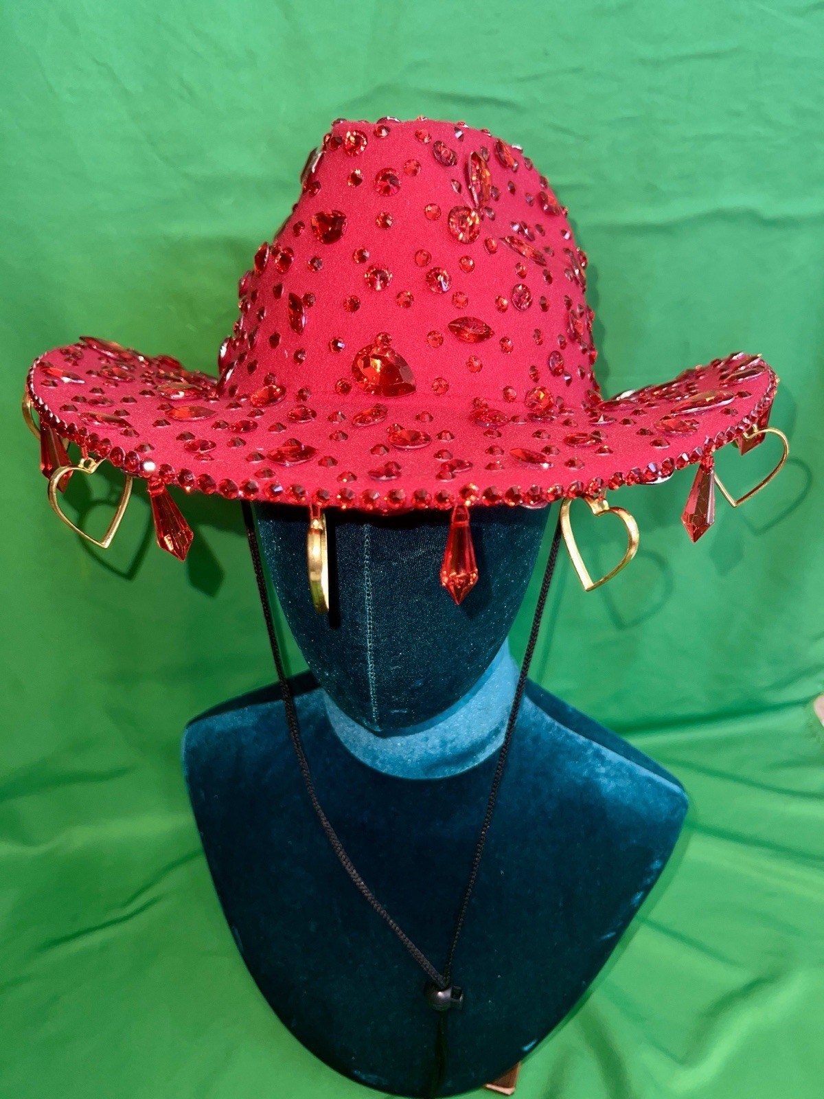 Red Rhinestone Cowgirl Hat with Heart & Jewels Fringe 57 Sparkly Western 🔥NWT