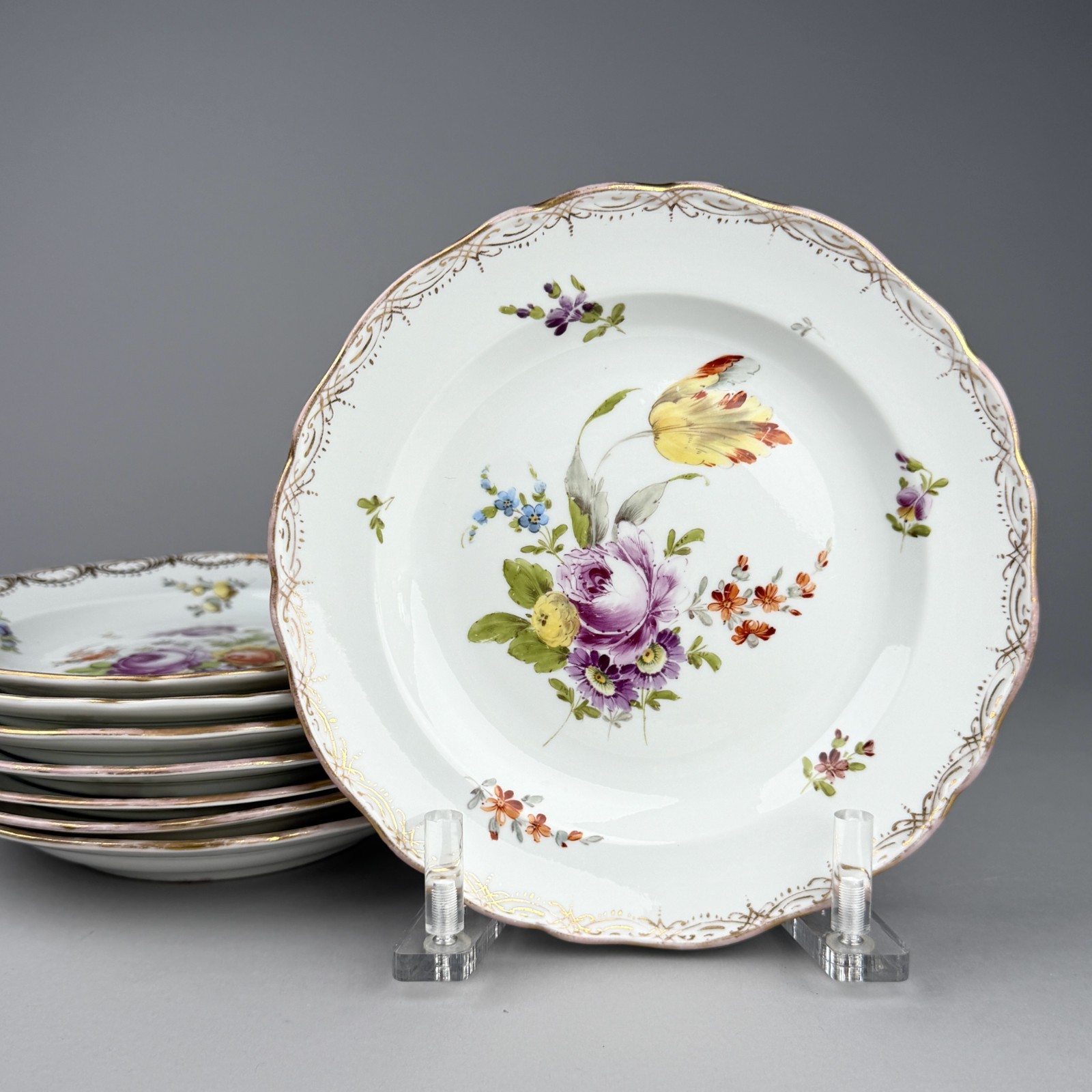 Set Of 8 Antique Meissen Porcelain Flower Plates Hand Painted Floral Gold 8\