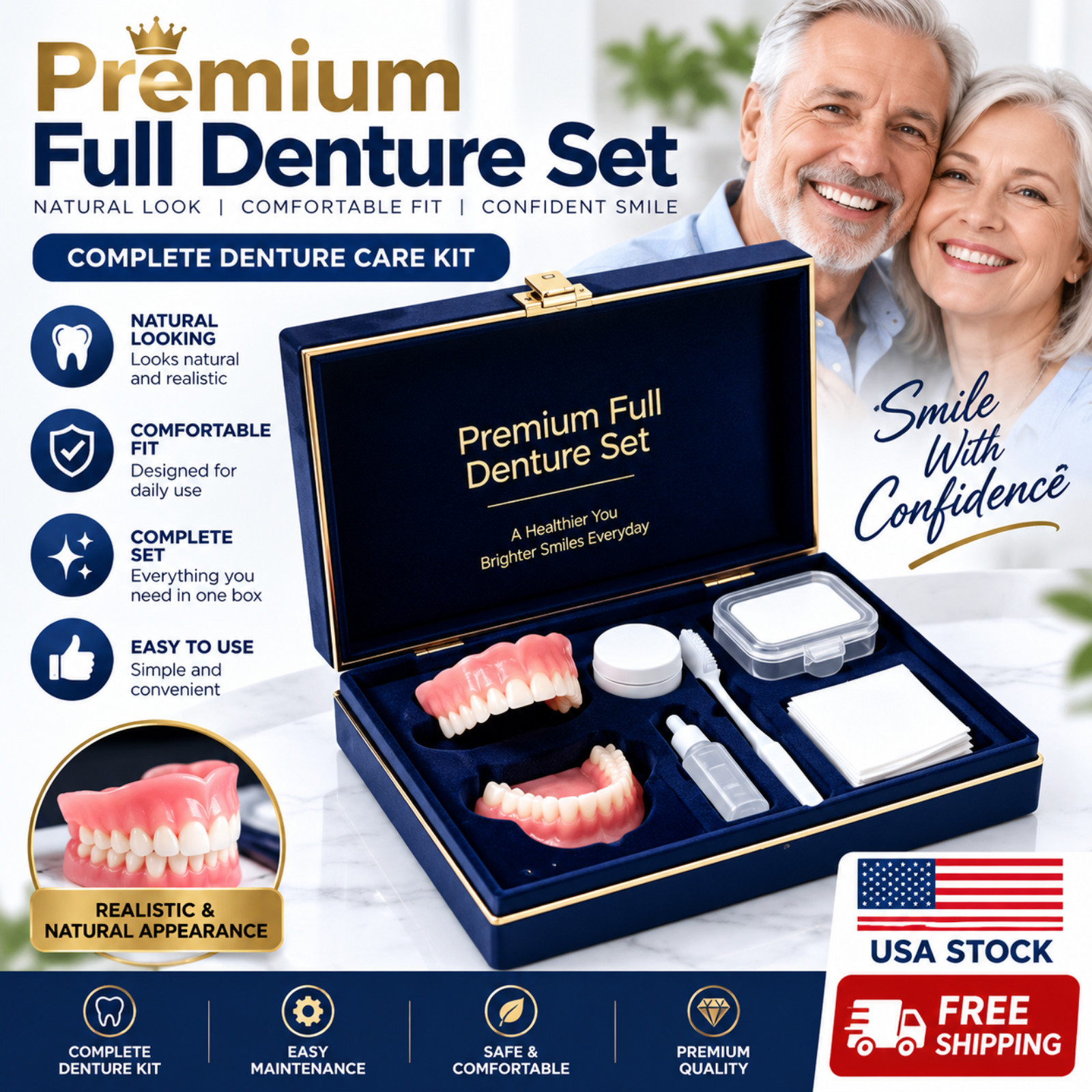 premium Silicone Dentures kit Upper Lower False Teeth Set Instant Smile too