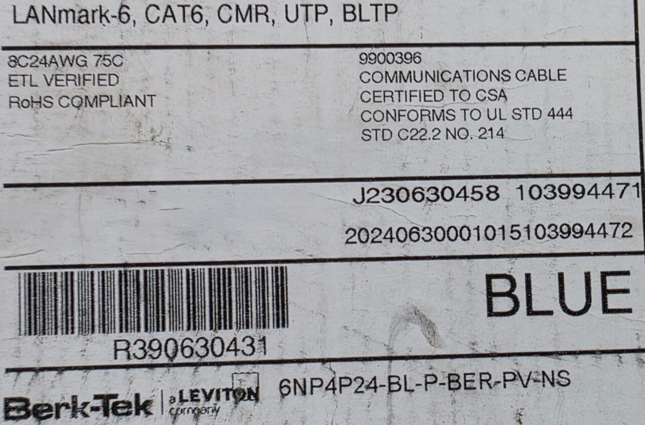 Leviton Berk-Tek 10136339 24/4P LANmark 6 Cat6 UTP Network Cable CMR Blue /100ft
