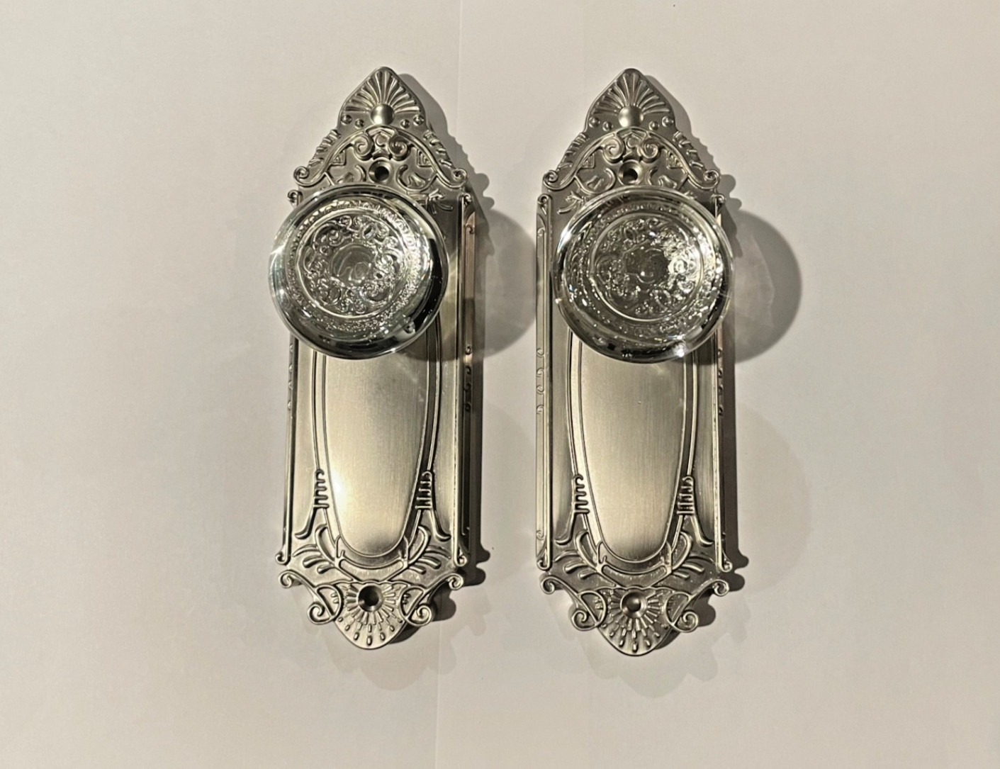 Victorian Style Crystal Door Knobs Satin Nickel Long Backplate Set Double Dummy