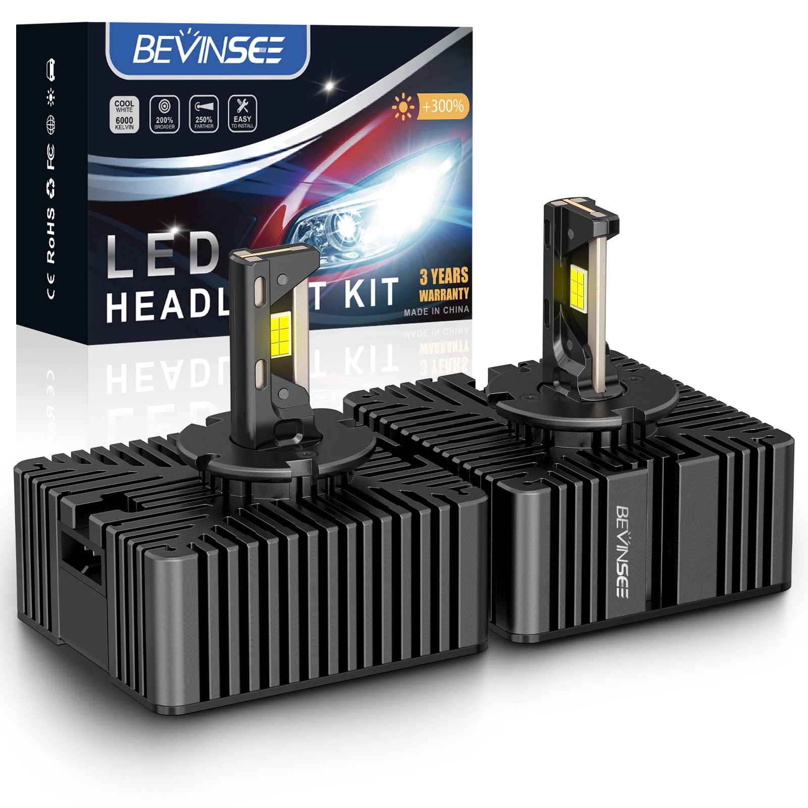 BEVINSEE D5S LED Headlight Bulbs 6000K Bright Xenon White HID High/Low Beam 2x