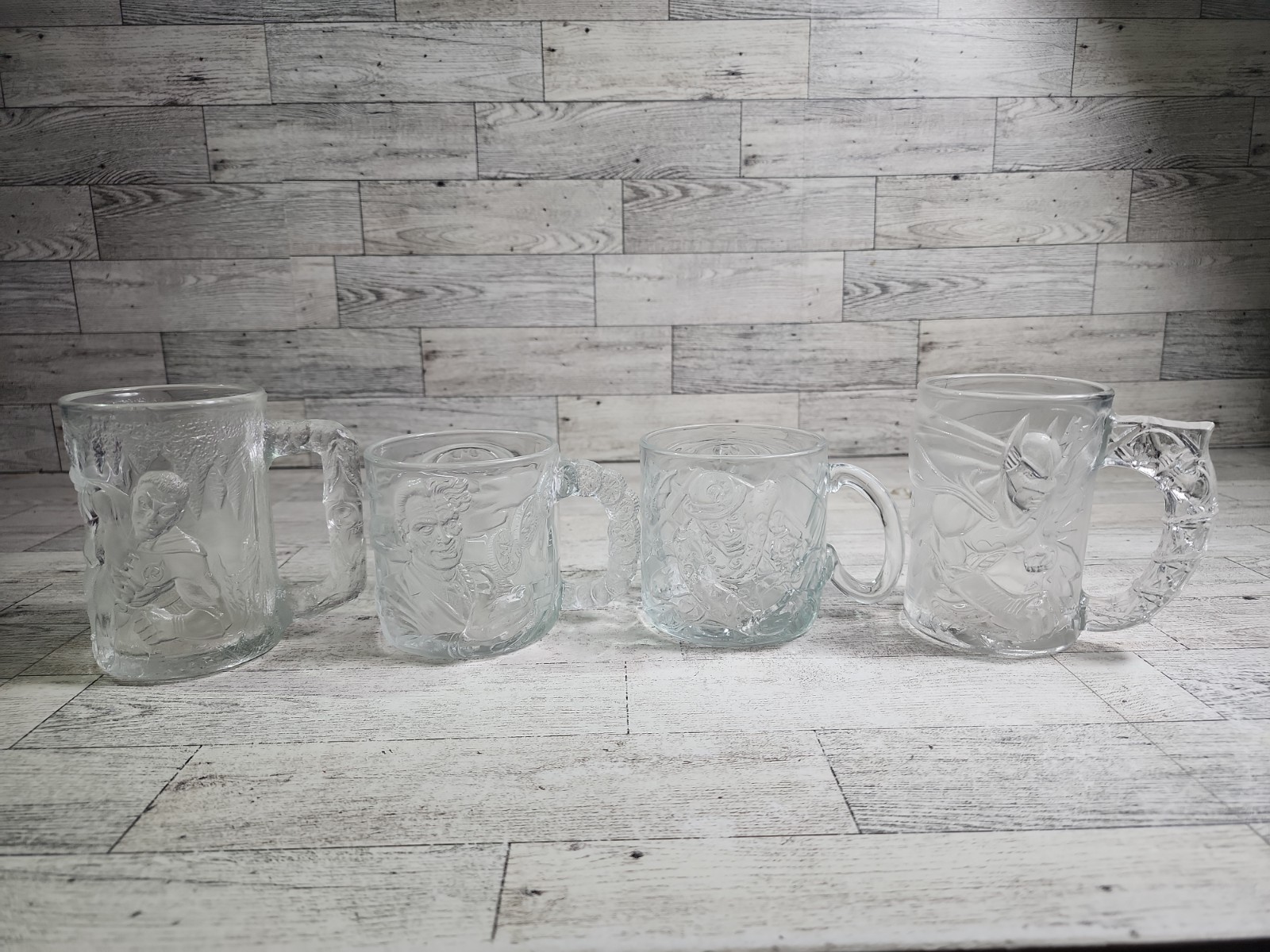 Vintage 1995 McDonalds Batman Forever Embossed Glass Set of 4 Clear Cups Mugs DC